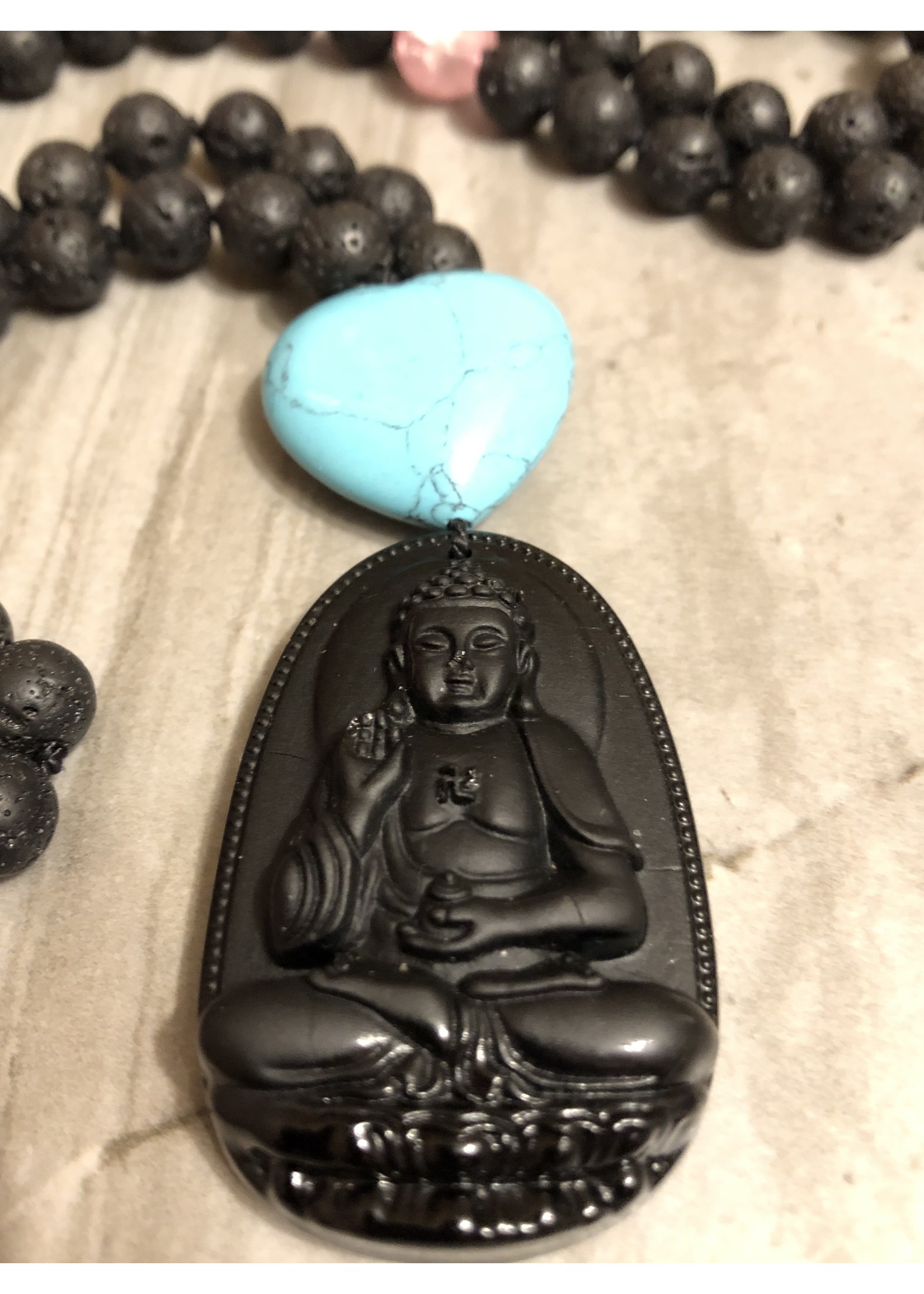 Lava, Pink Quartzite & Blue Howlite Mala w/ Onyx Buddha Pendant - 8mm