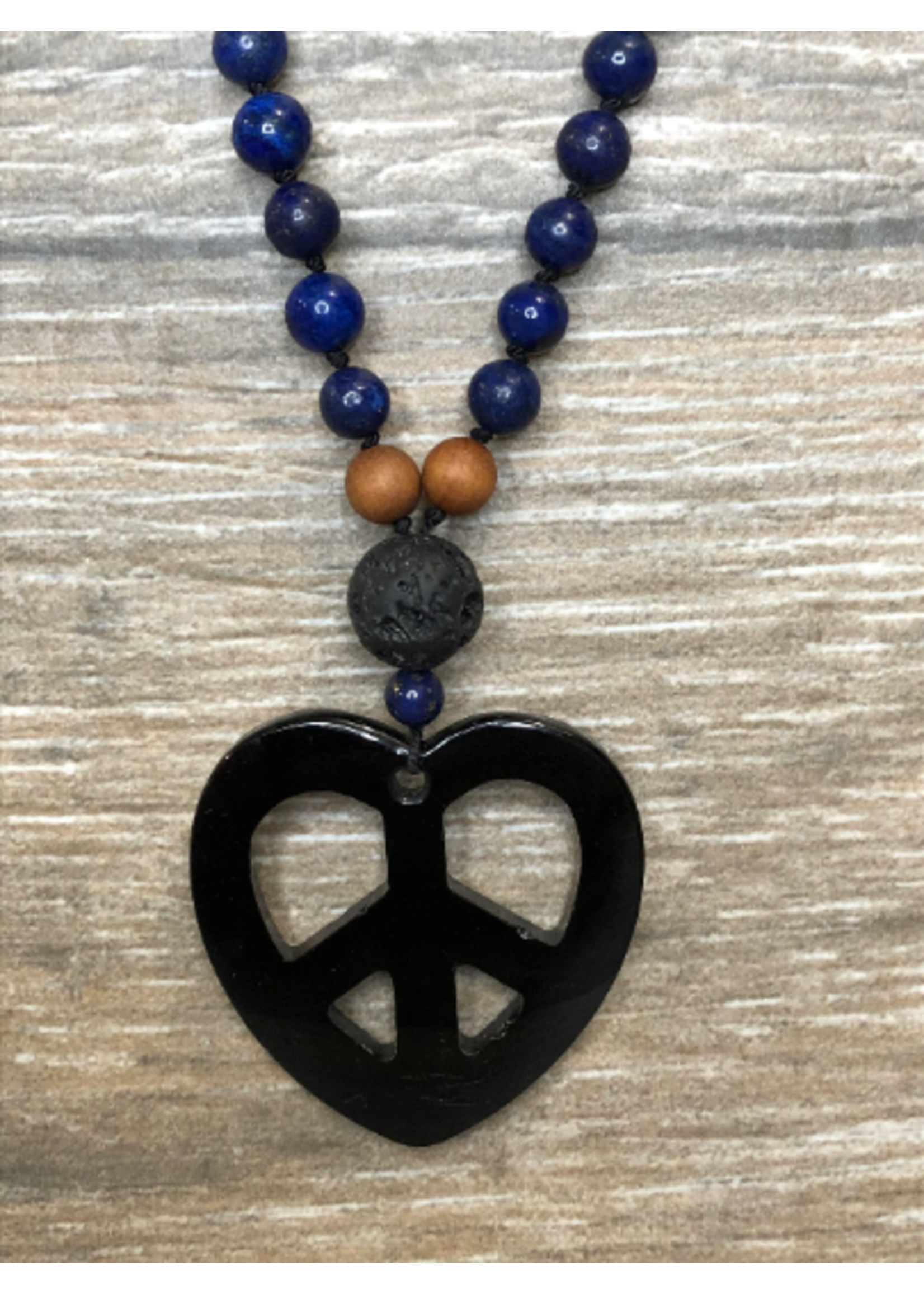 Lapis Lazuli, Sandalwood & Lava Mala w/ Onyx Heart Peace Pendant - 8mm