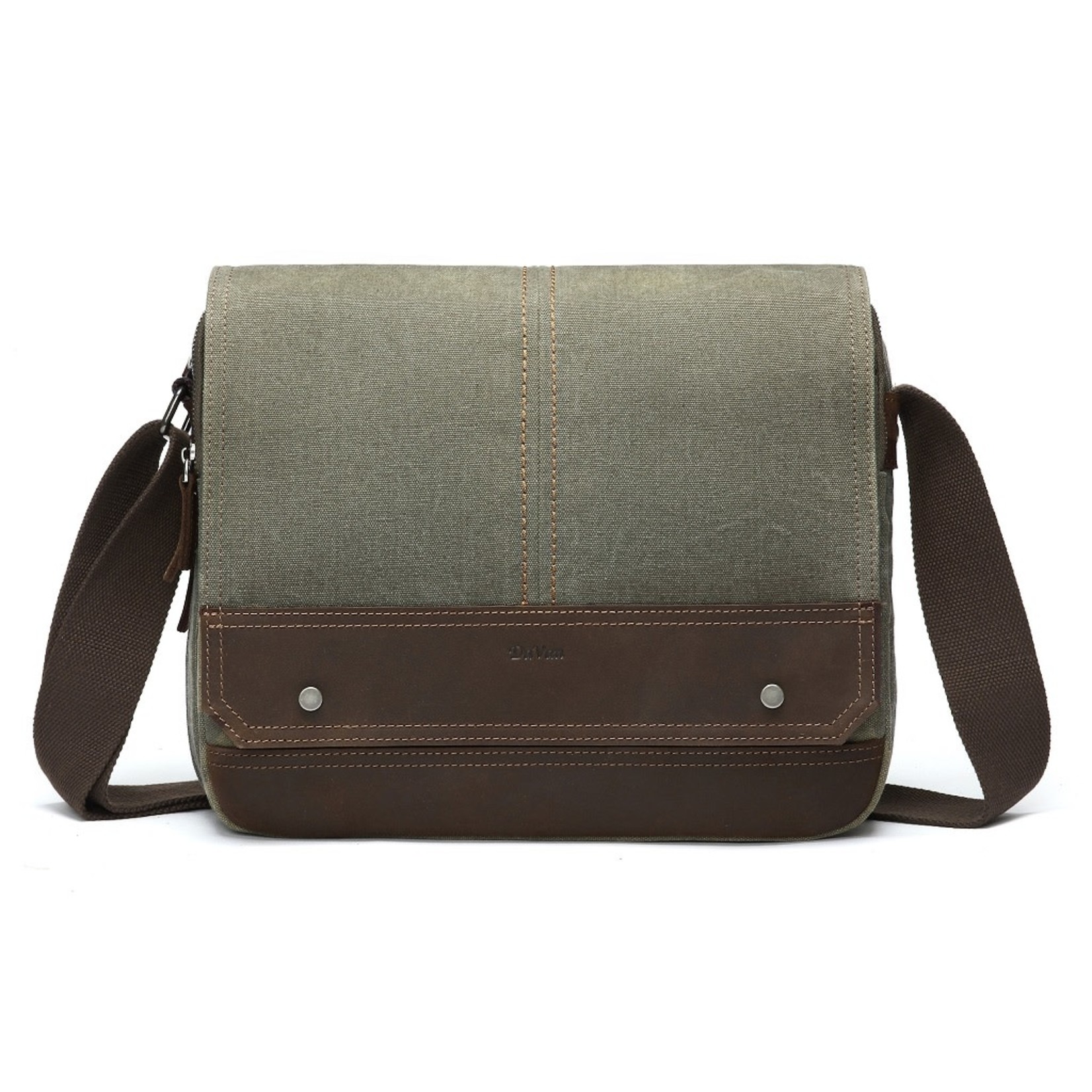 Davan Designs Messenger Bag Green Canvas w Flap & Leather Trim