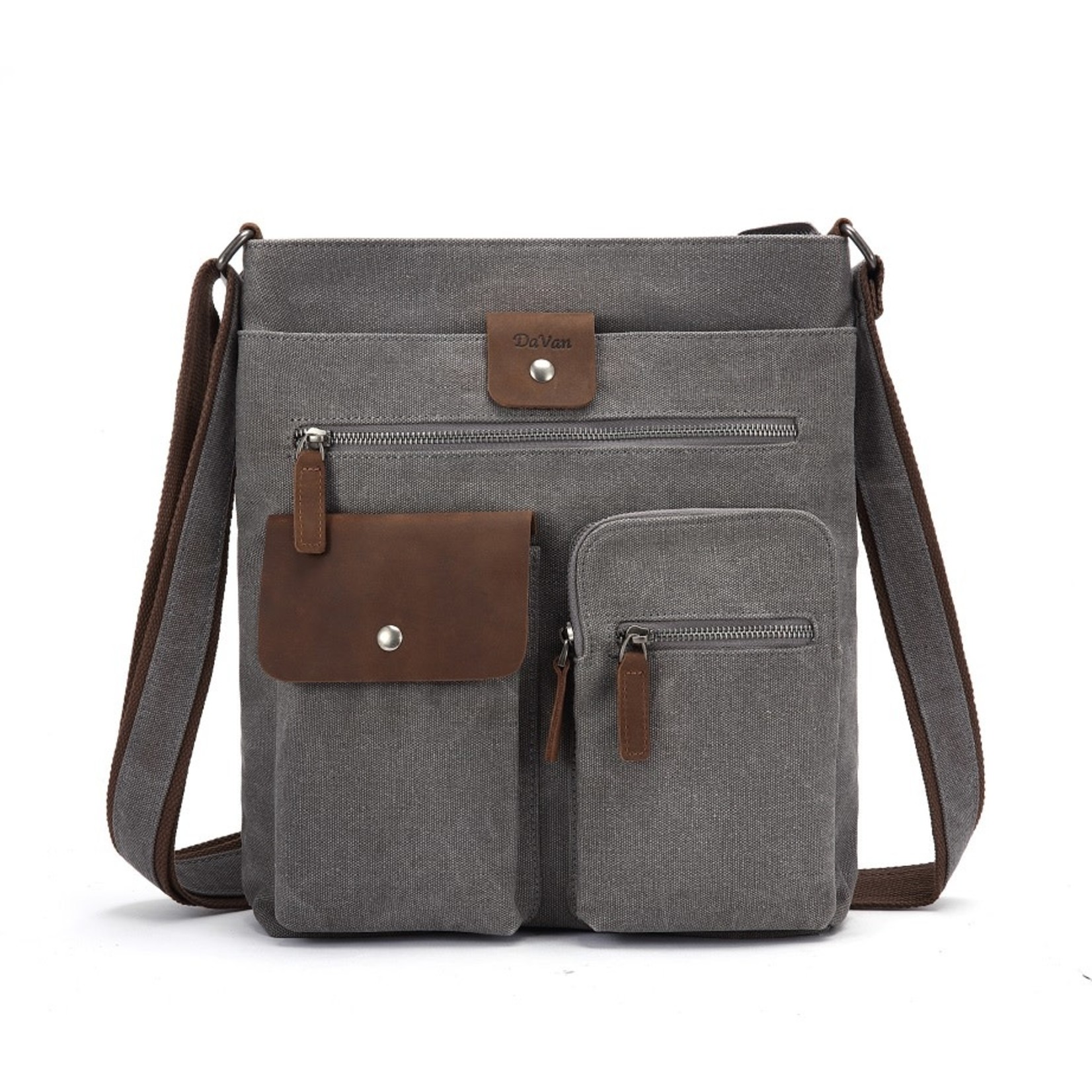 Davan Designs Messenger Bag Charcoal Canvas Mid-Size w Multi-Pocket & Leather Trim
