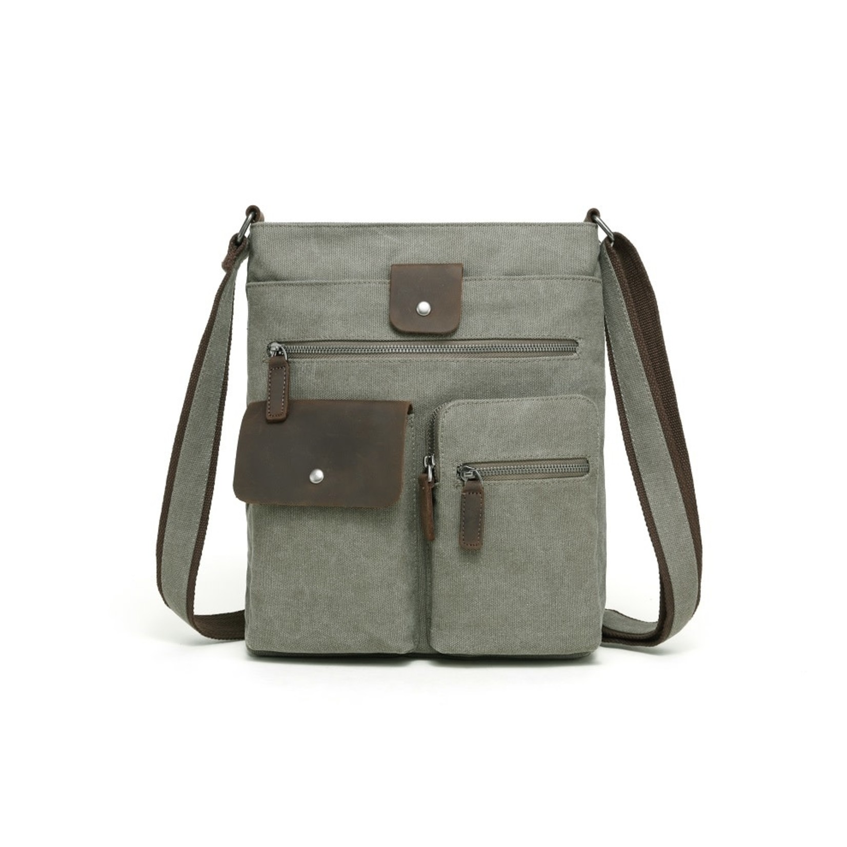 Messenger Bag Green Canvas Mid-Size w Multi-Pocket & Leather Trim - Copper  Alley Gift Boutique