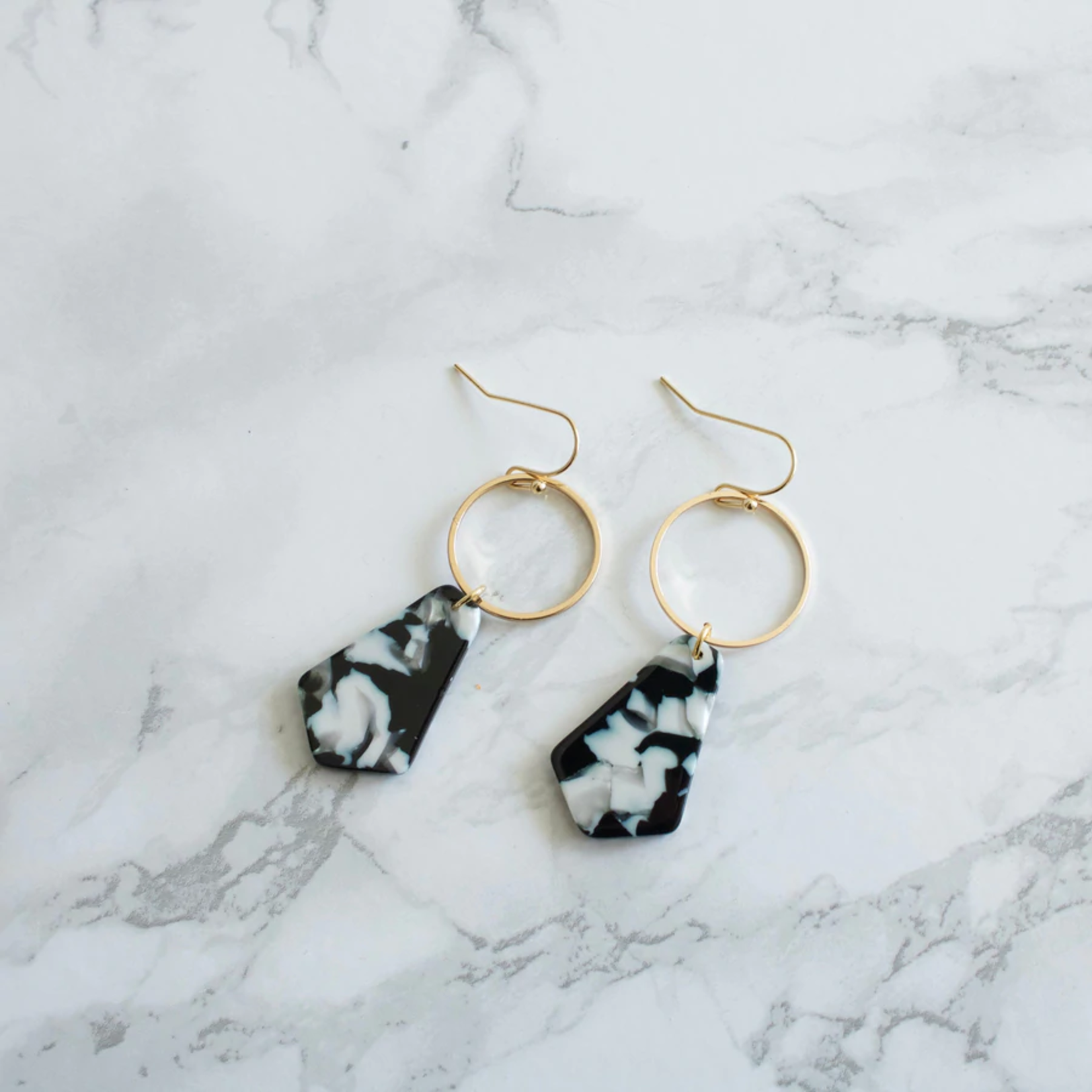 Tish Jewelry Earrings Gold Hoop w Geometric Black & White Acetate