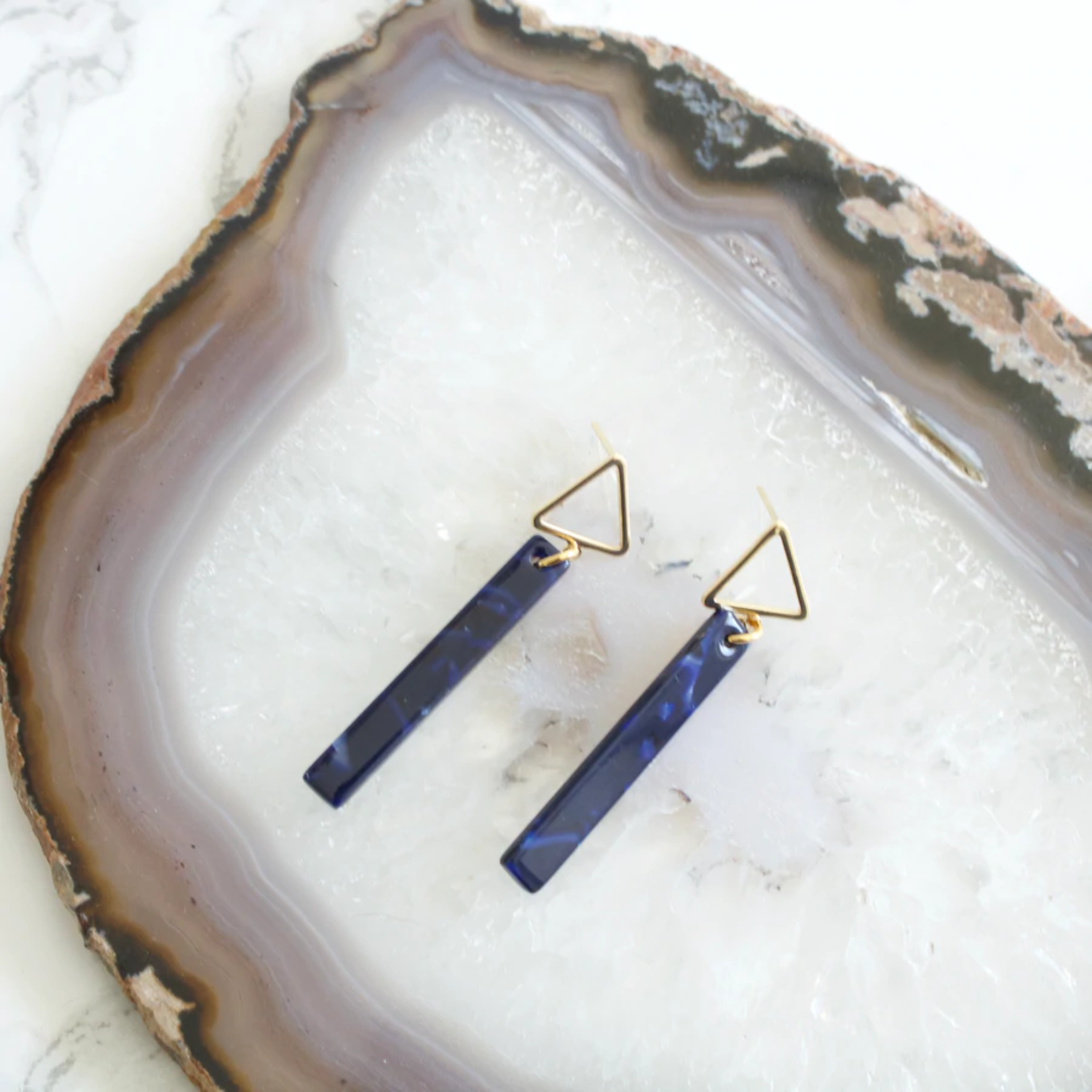 Tish Jewelry Earrings Gold Triangle w Navy Blue Acetate