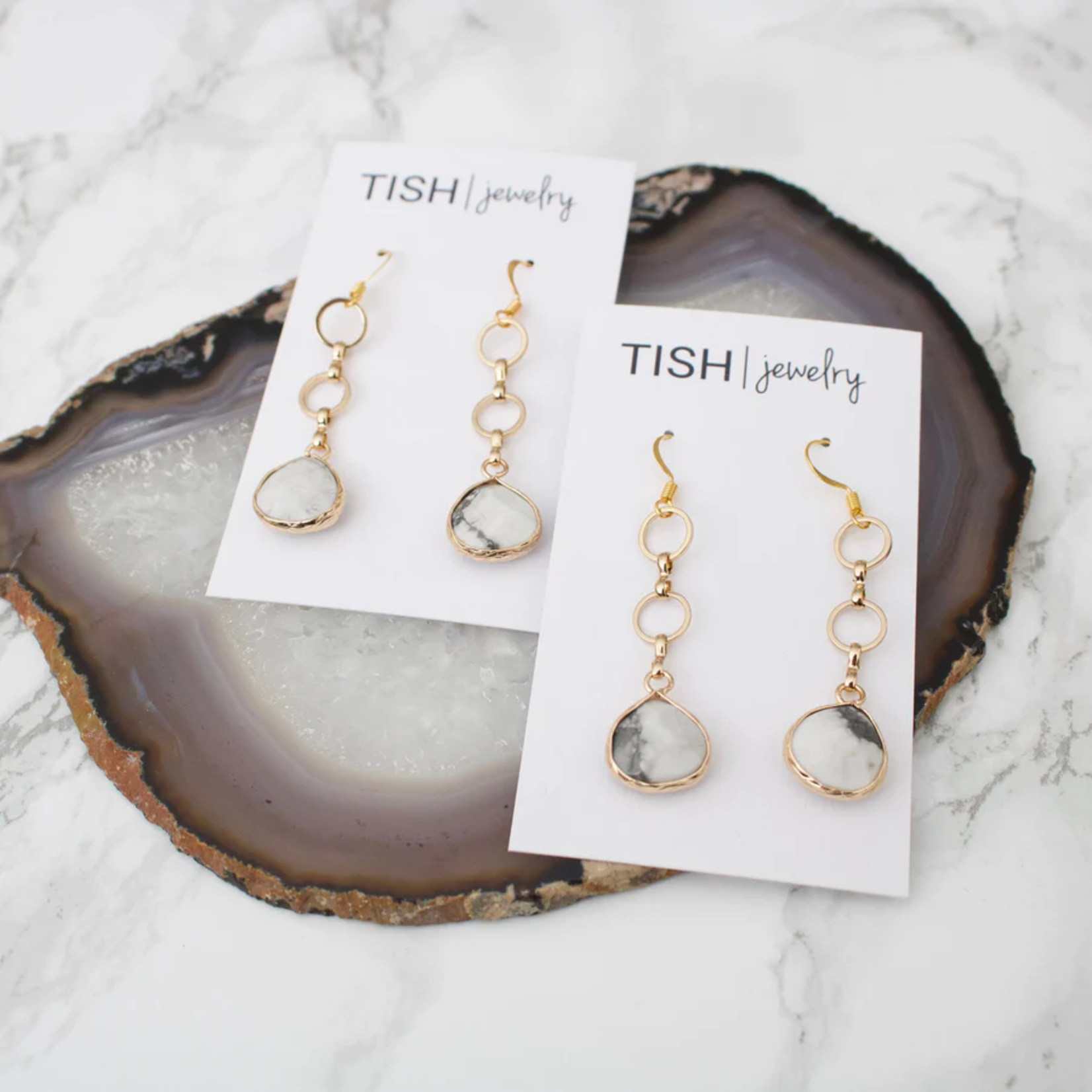 Tish Jewelry Earrings Gold Circles w White & Grey Howlite Teardrop