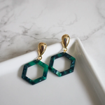 Tish Jewelry Earrings Gold Teardrop w Green Acetate Hexagon