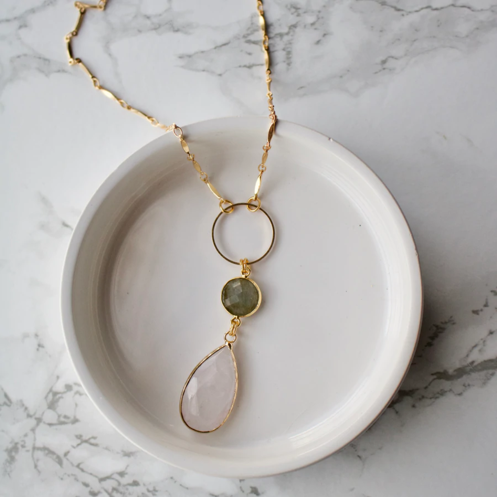 Tish Jewelry Necklace Gold Hoop w Quartz Teardrop & Labradorite Circle