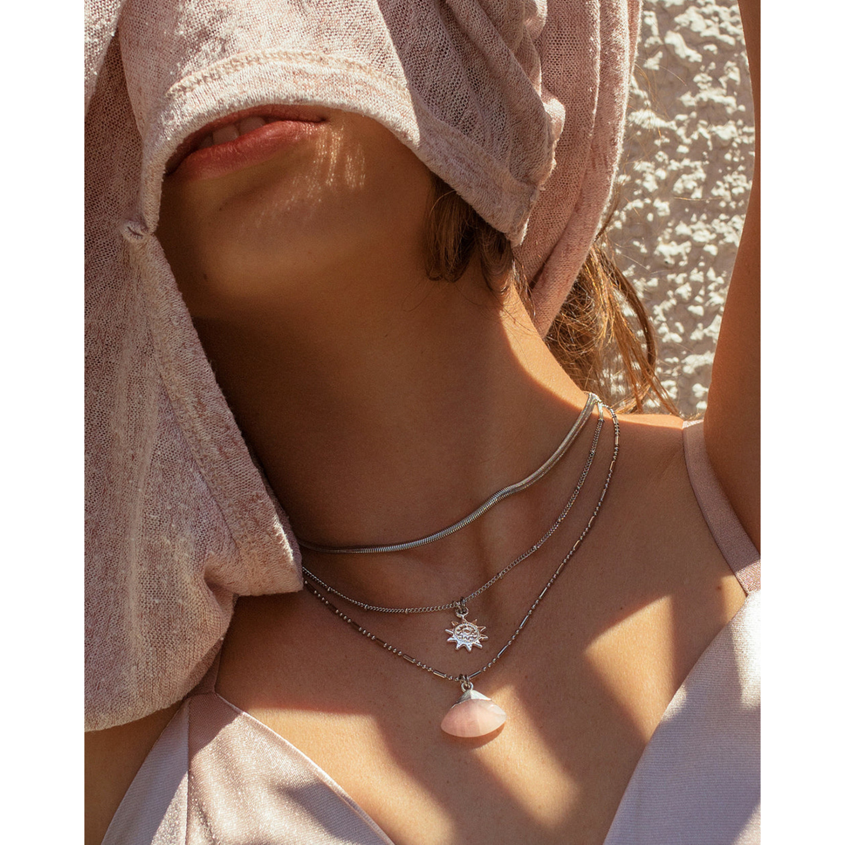 Necklace Silver Layered Chains w Rose Quartz & Sun Pendant