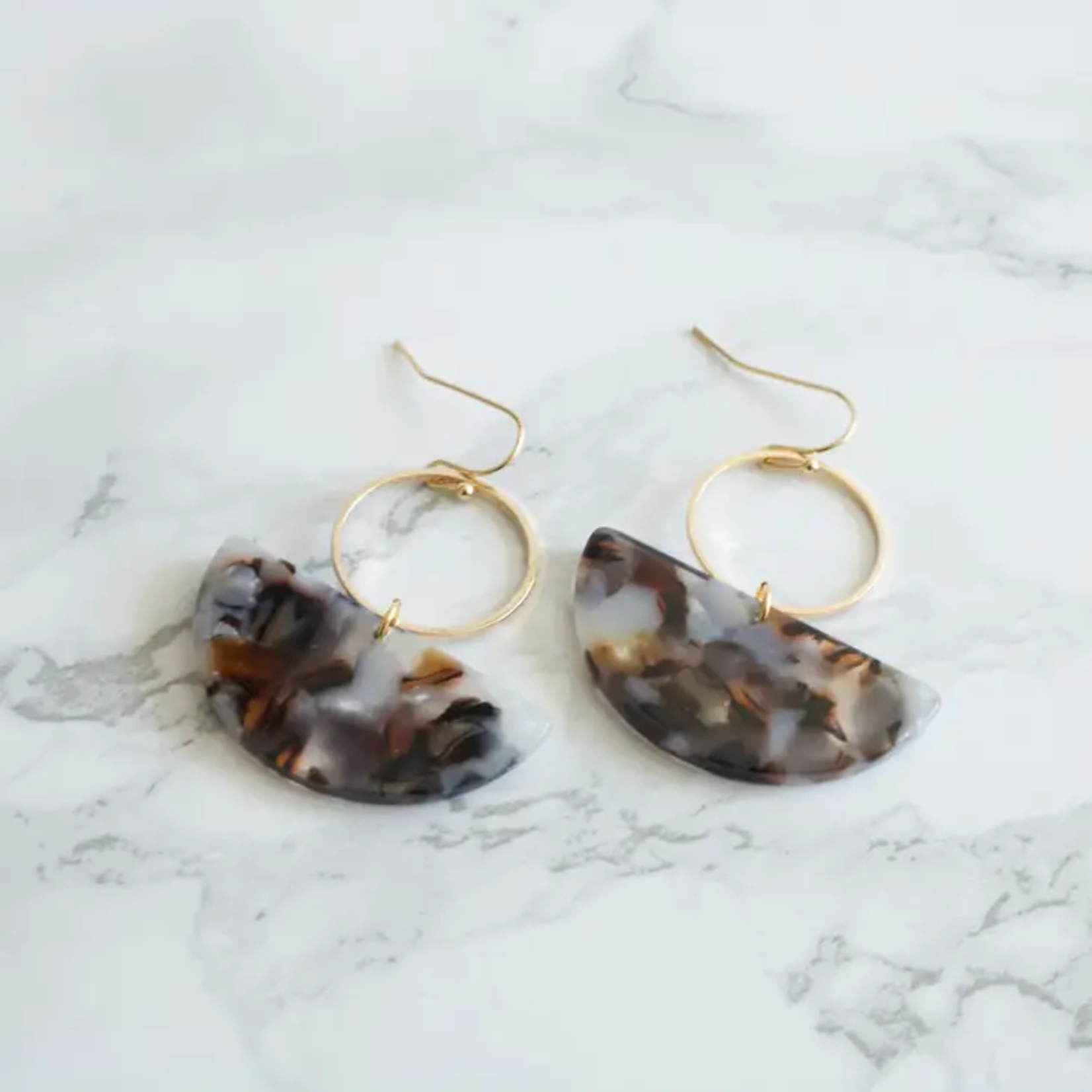 Earrings Gold Circle w Coffee Acetate Crescent