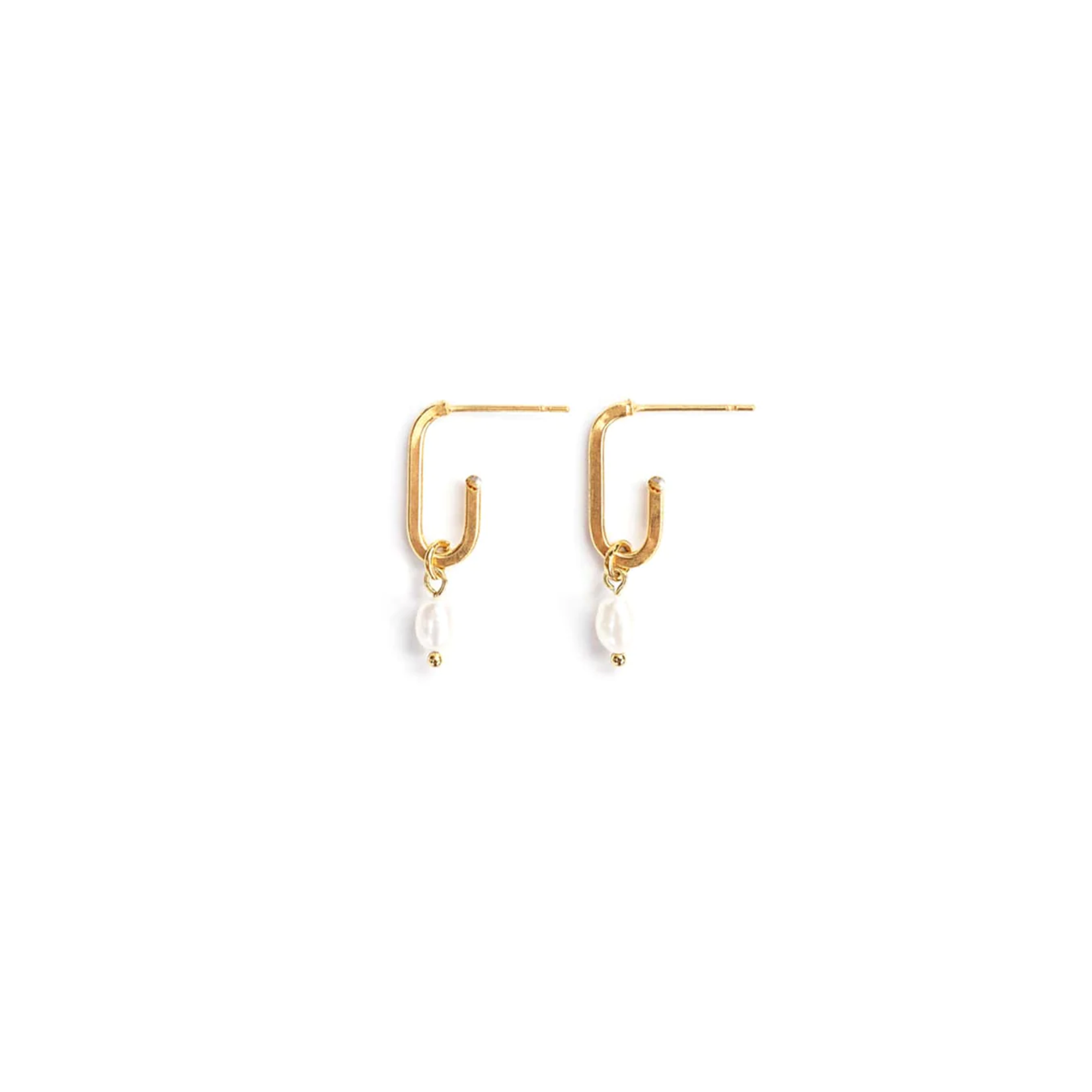 Earring Gold Flat Oval Hoop w Pearl