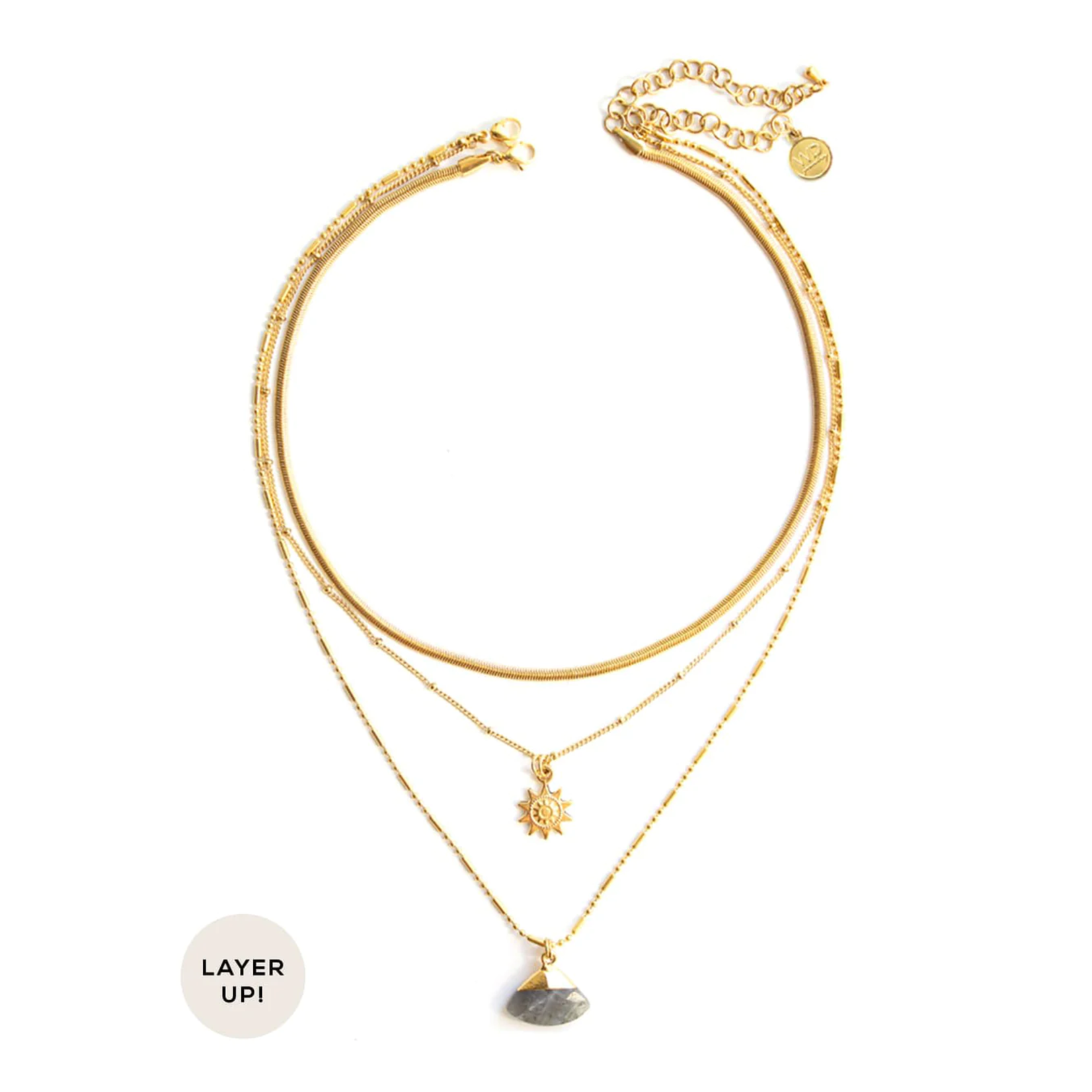 Necklace Gold Layered Chains w Labradorite & Sun Pendant