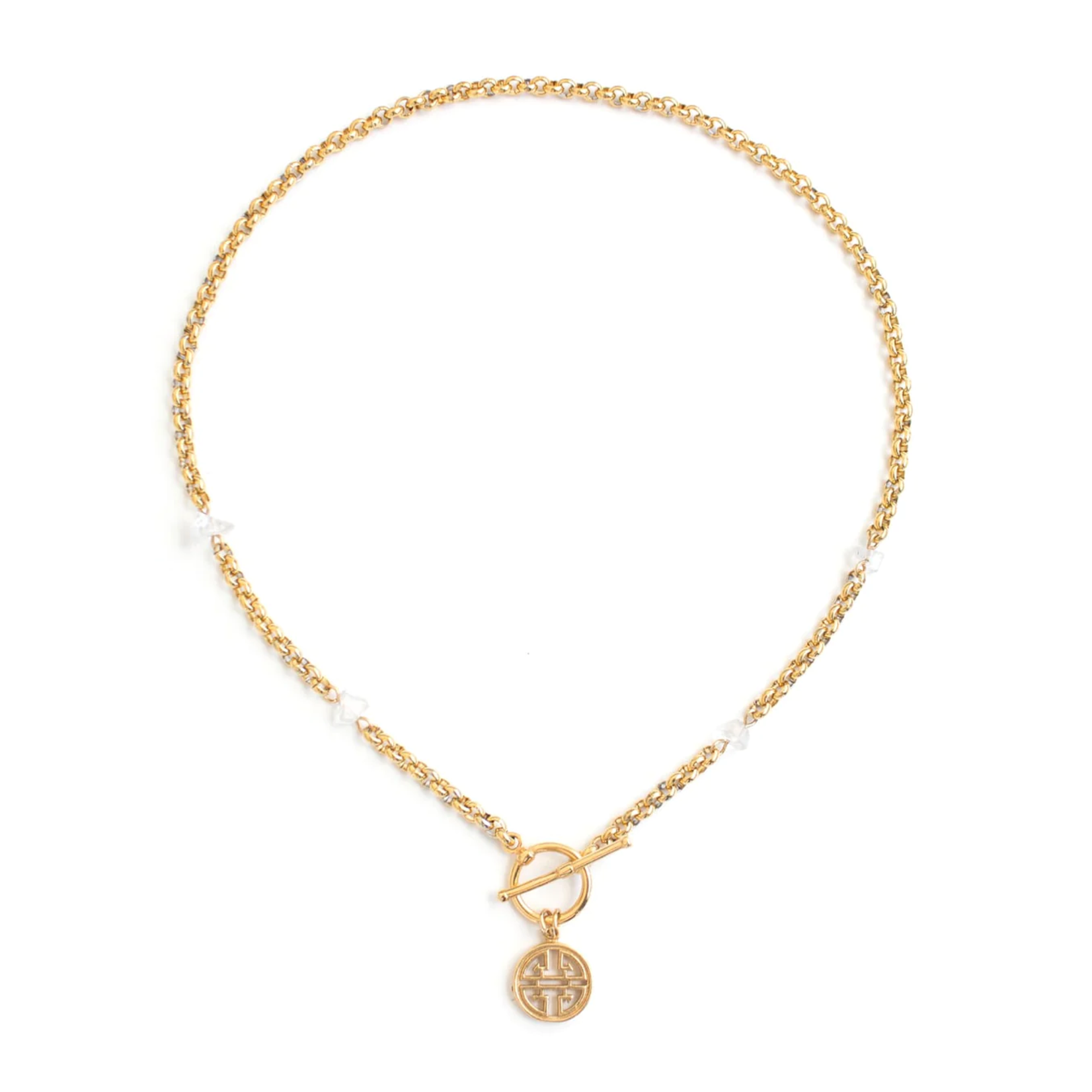 Necklace Gold Toggle Clasp w Medallion & Quartz Stones