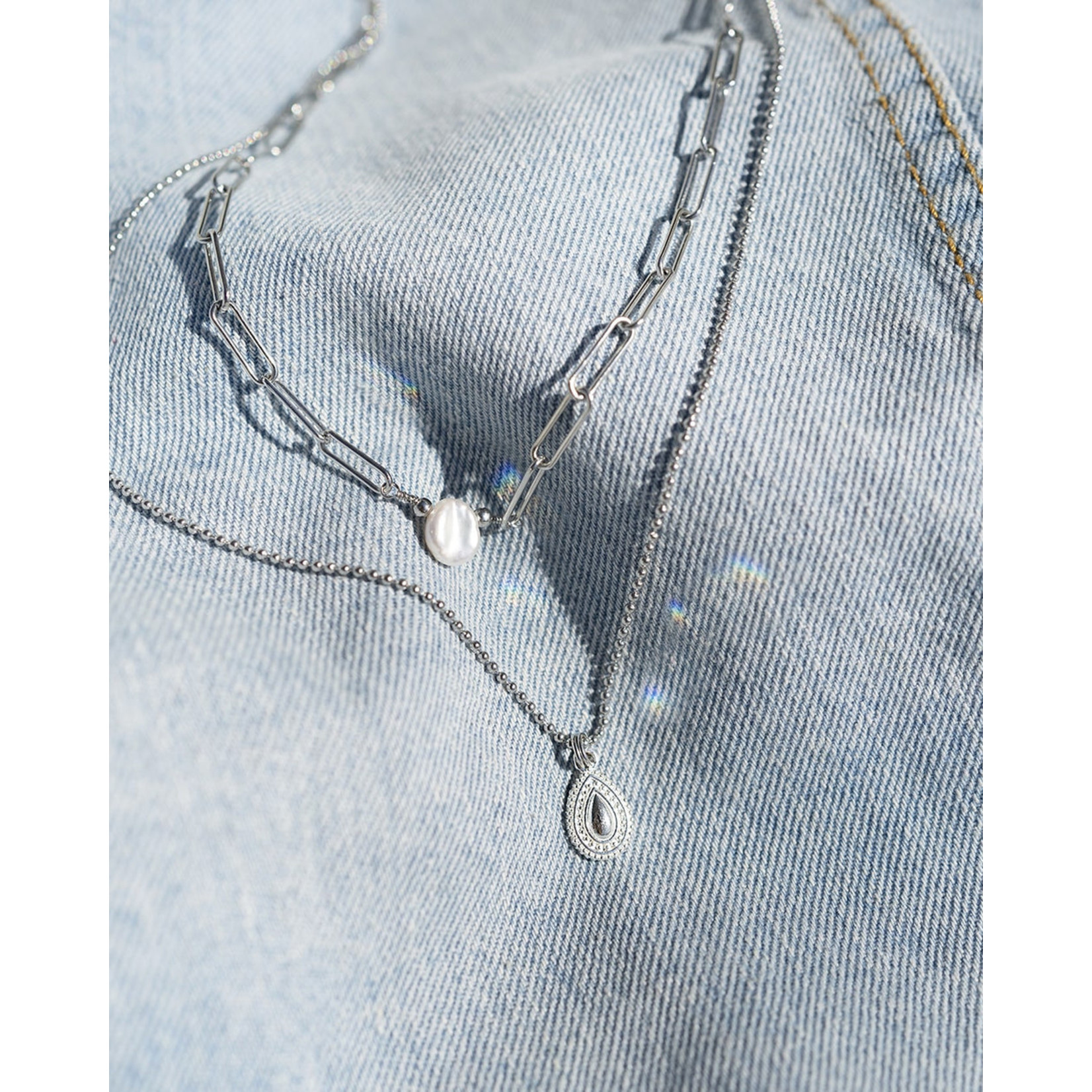 Necklace Silver Layered Link Chain w Pearl & Ball Chain w Pendant