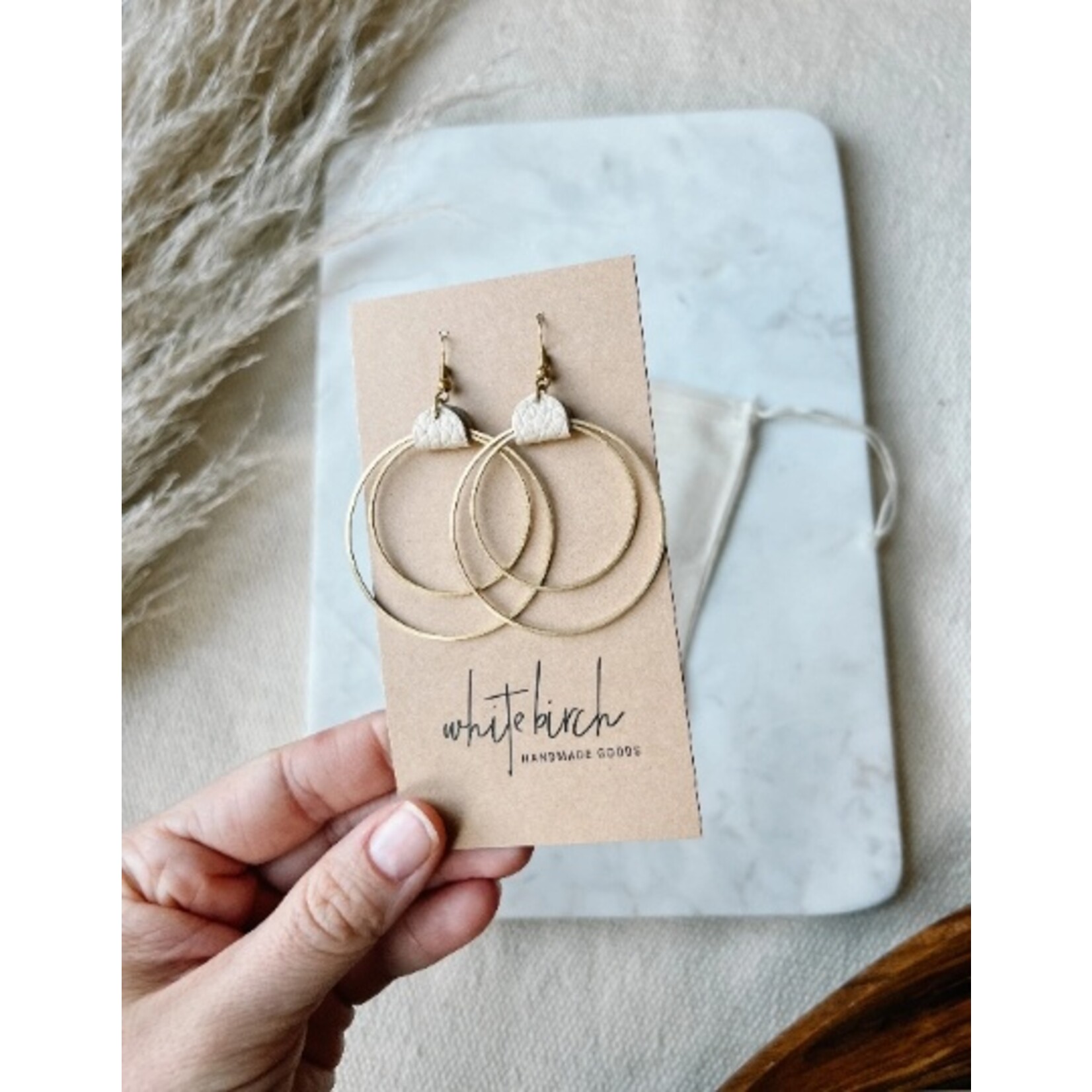Gold Earrings w Distressed Beige Leather & Circles