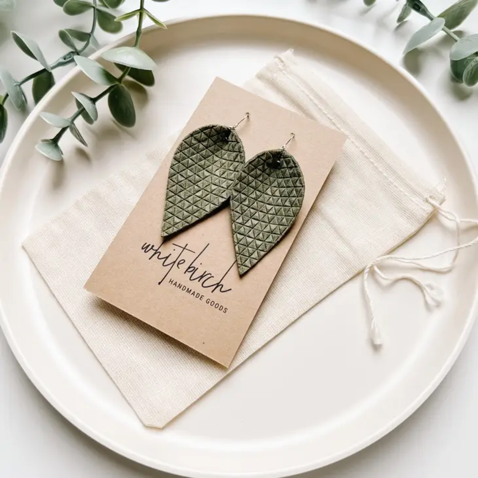 Silver Earrings w Olive Green Textured Leaf