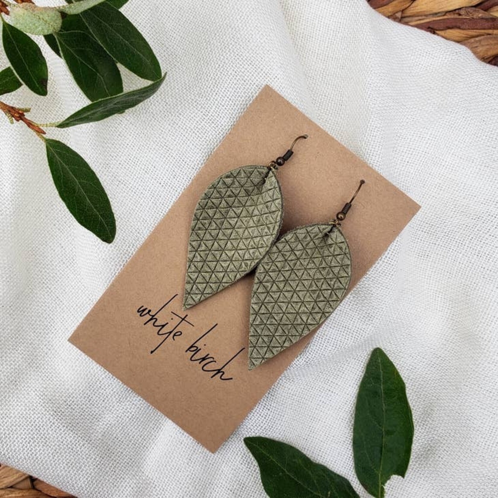 Silver Earrings w Olive Green Textured Leaf