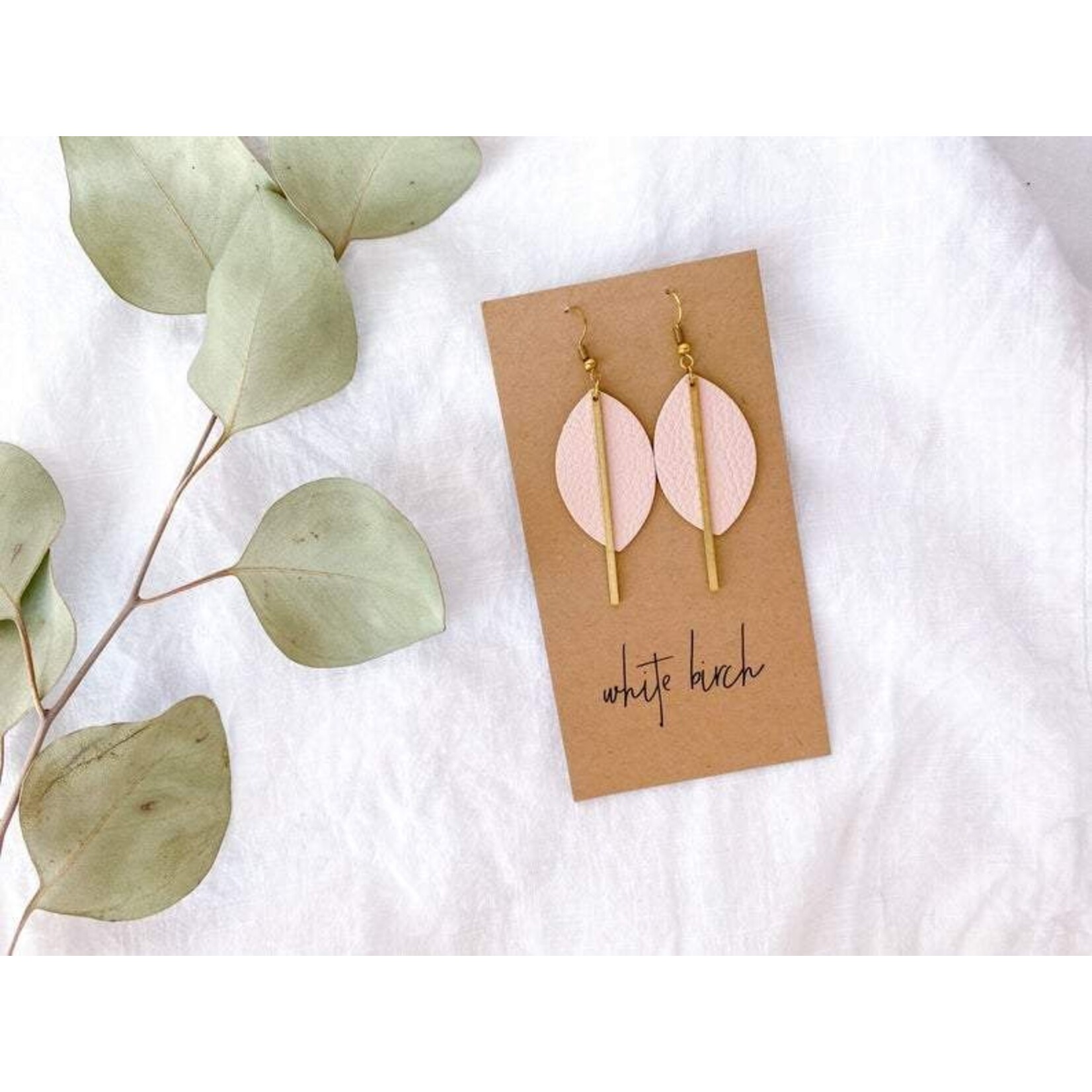 Gold Earrings w Blush Petal Leather & Brass Bar