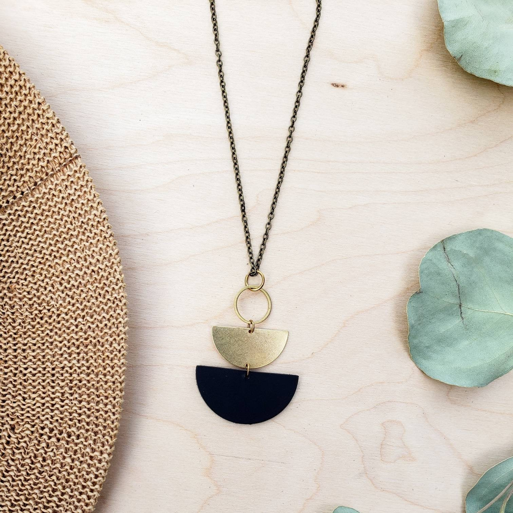 Black Stacked Half Moon Leather Necklace