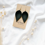 Silver Textured Black Leather Leaf Earrings