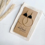 Gold Earrings w Black Leather & Brass Circle Accent