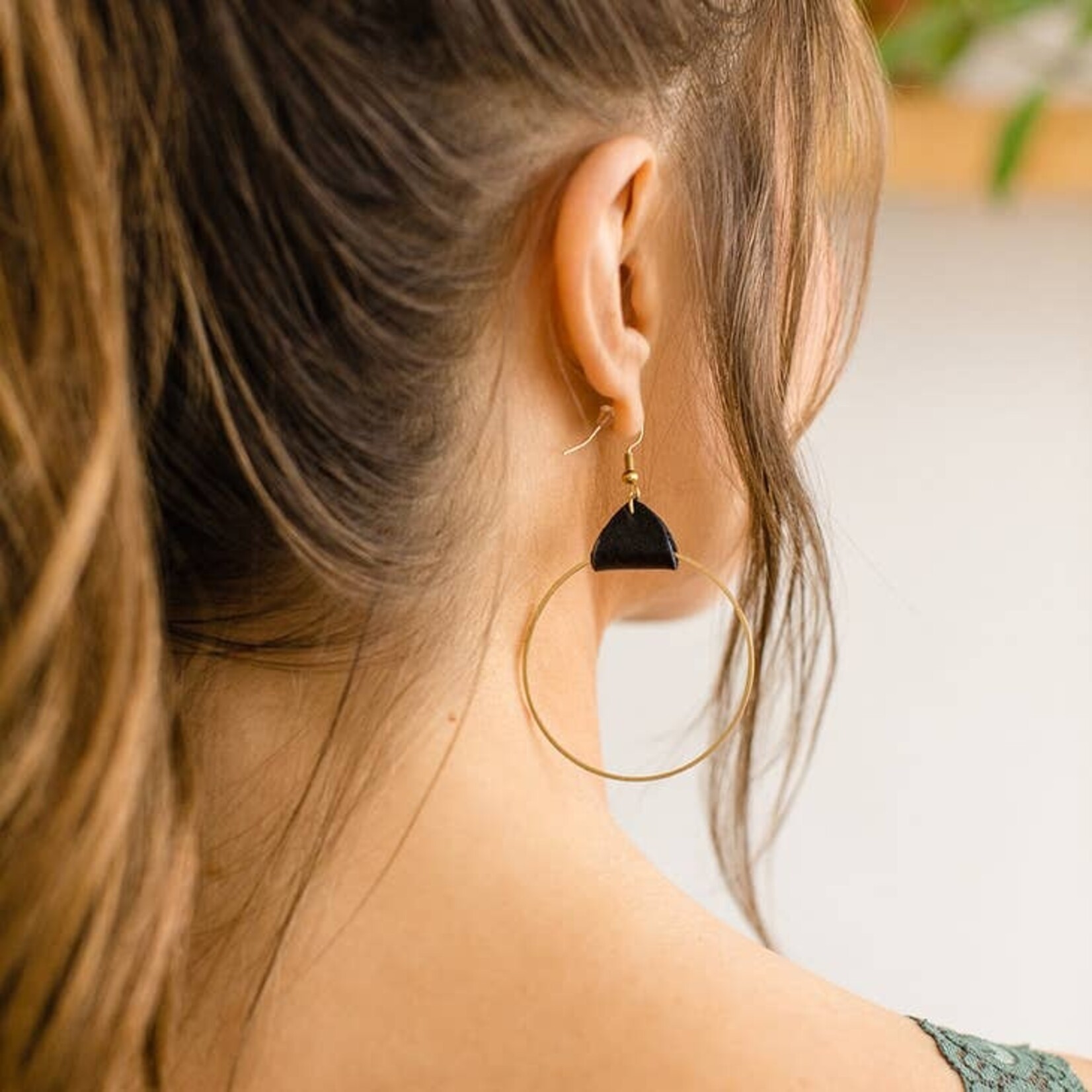 Gold Earrings w Black Leather & Brass Circle Accent