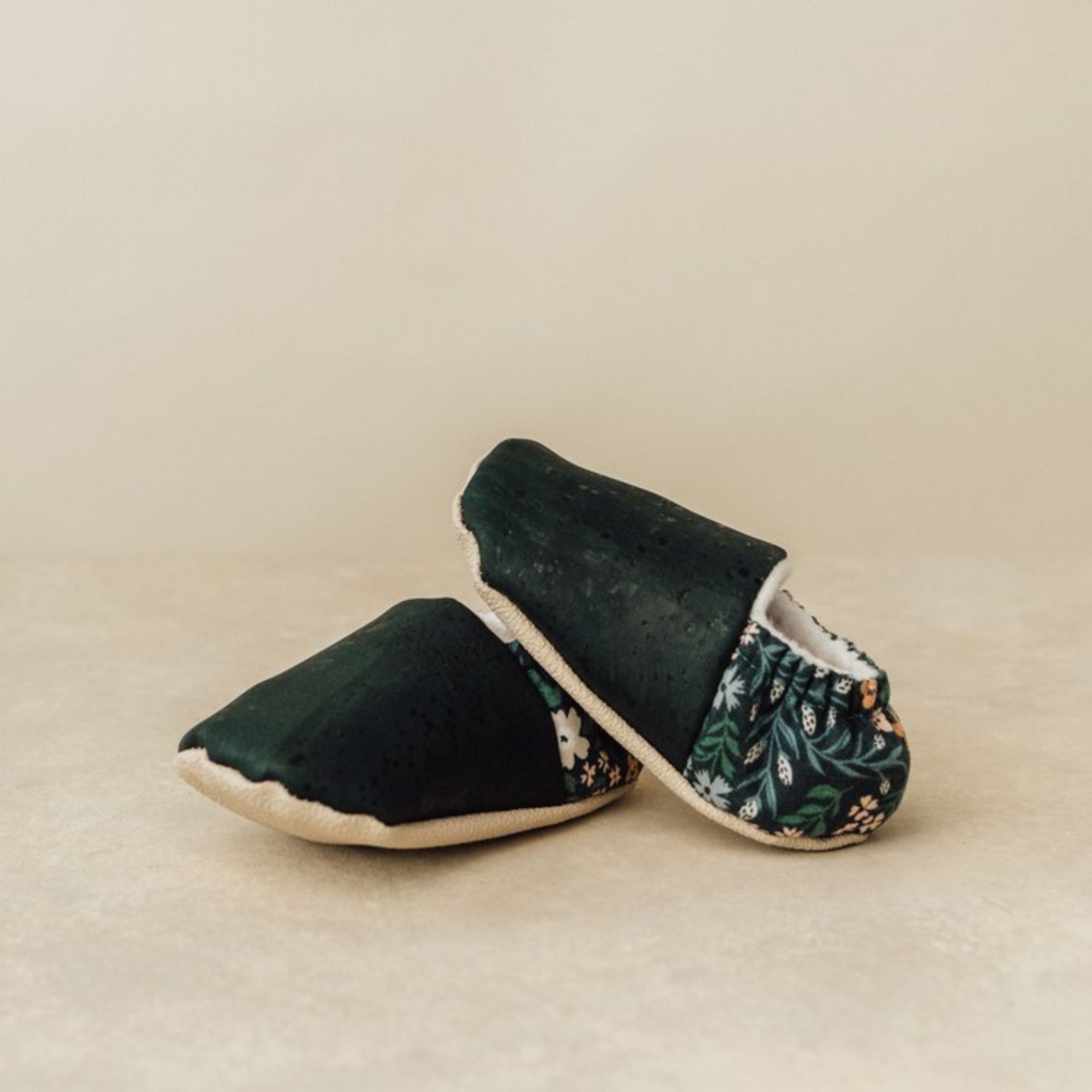 Floral & Dark Green Cork Slippers