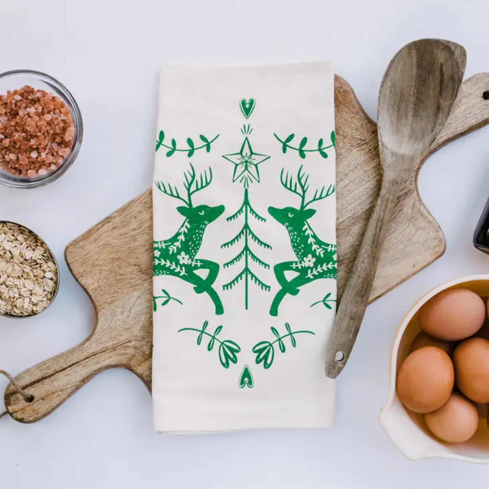 Green Christmas Deer Tea Towel