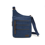 Crossbody Shoulder Bag Blue Canvas w 3 Front Zippers
