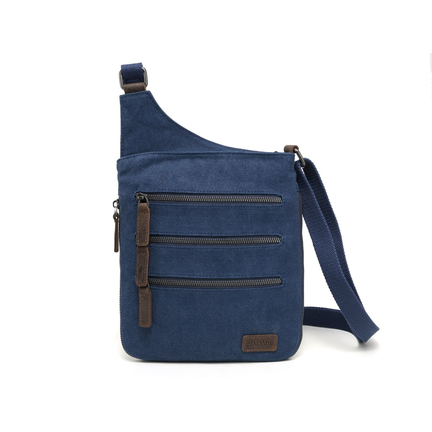 Crossbody Shoulder Bag Blue Canvas w 3 Front Zippers