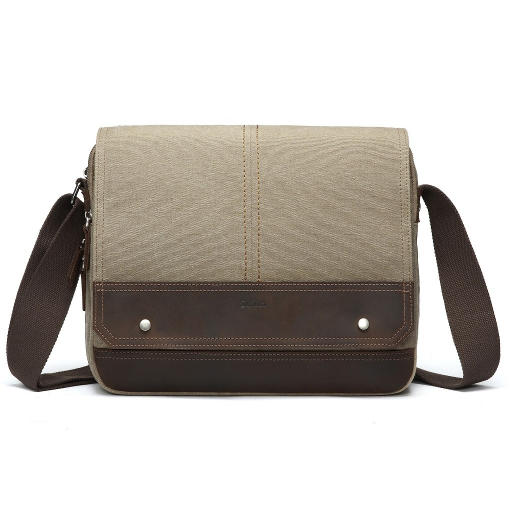 Messenger Bag Khaki Canvas w Flap & Leather Trim