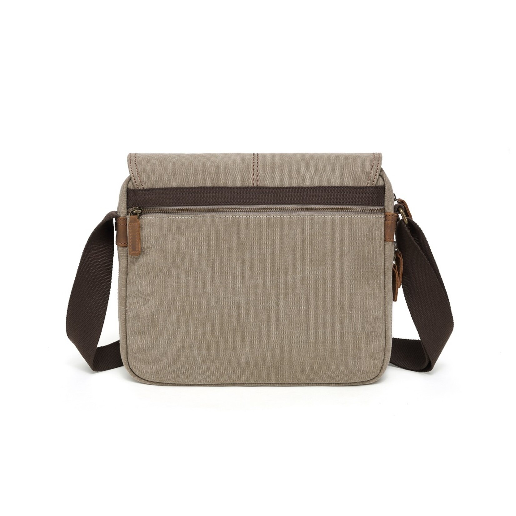 Messenger Bag Khaki Canvas w Flap & Leather Trim