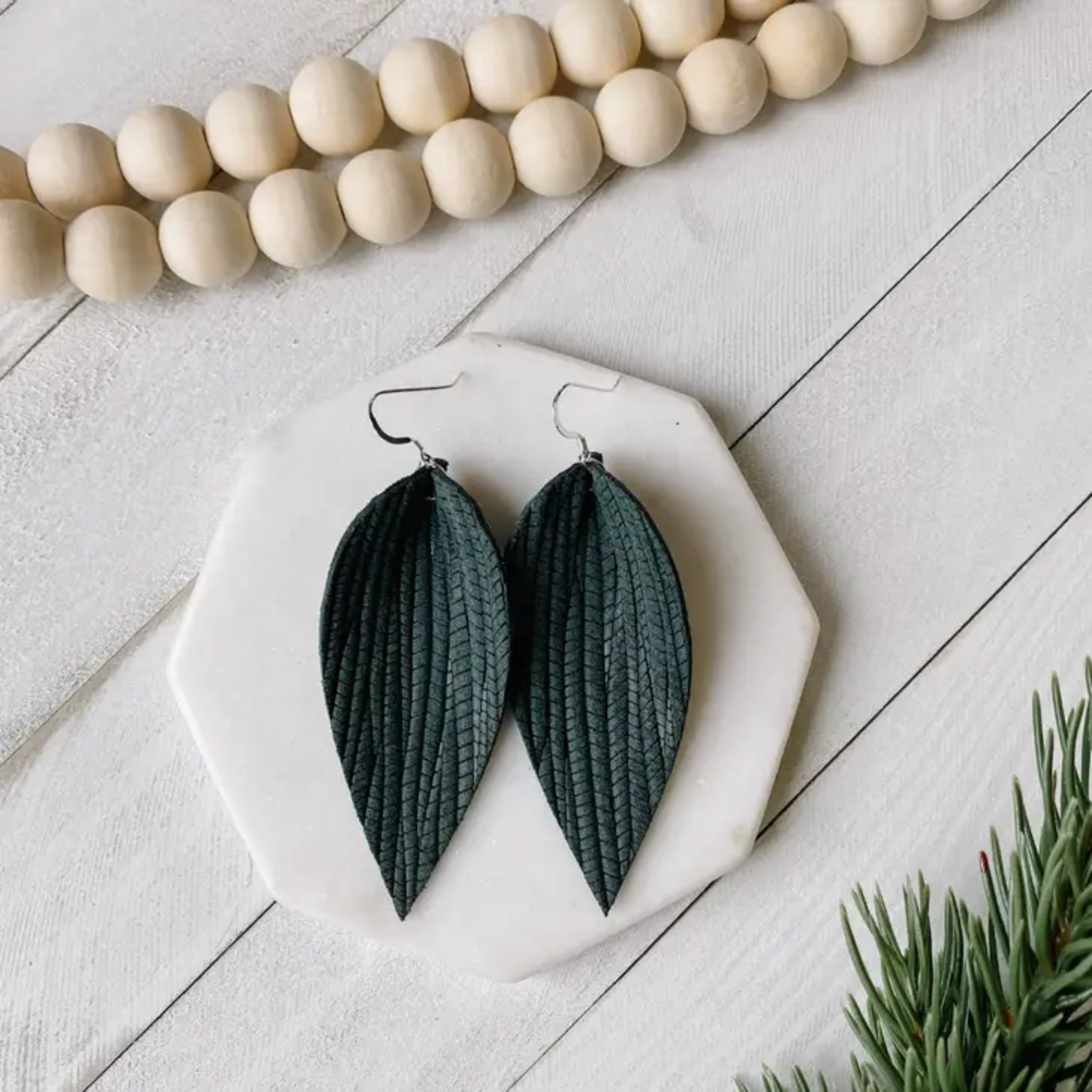 Silver Textured Forest Green Leaf Earrings