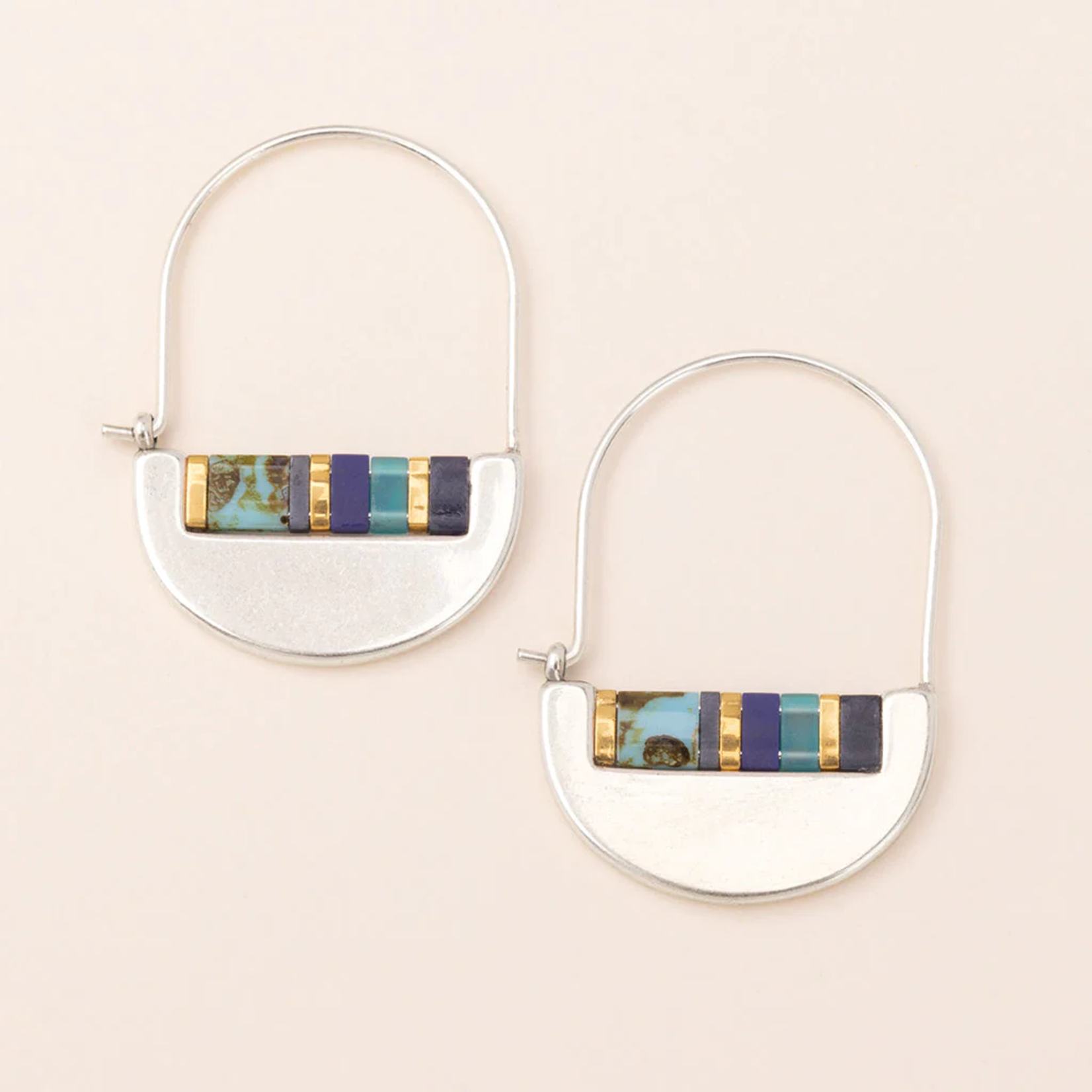 Silver Oblong Hoop Earrings w Blue & Gold Miyuki Beads