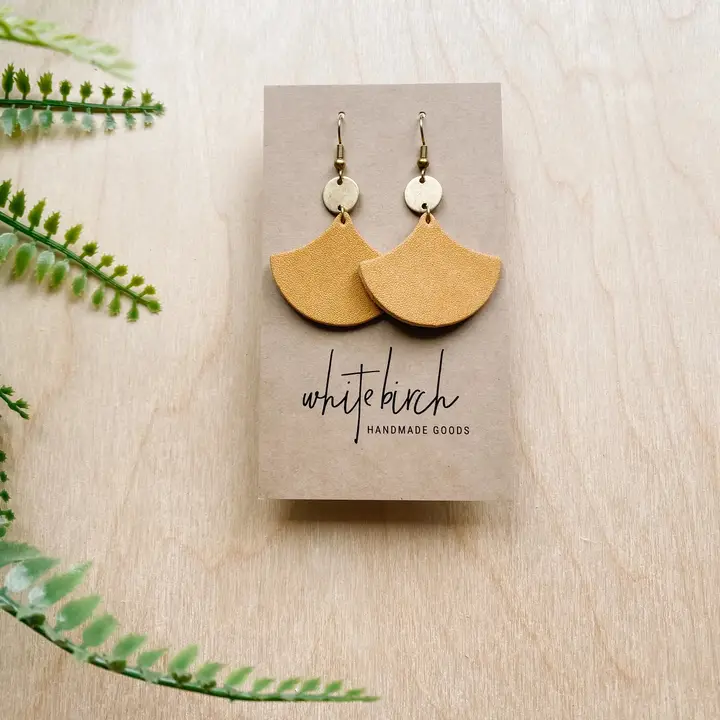 Gold Earrings w Geometric Tan Leather & Brass Disc Accent Copper