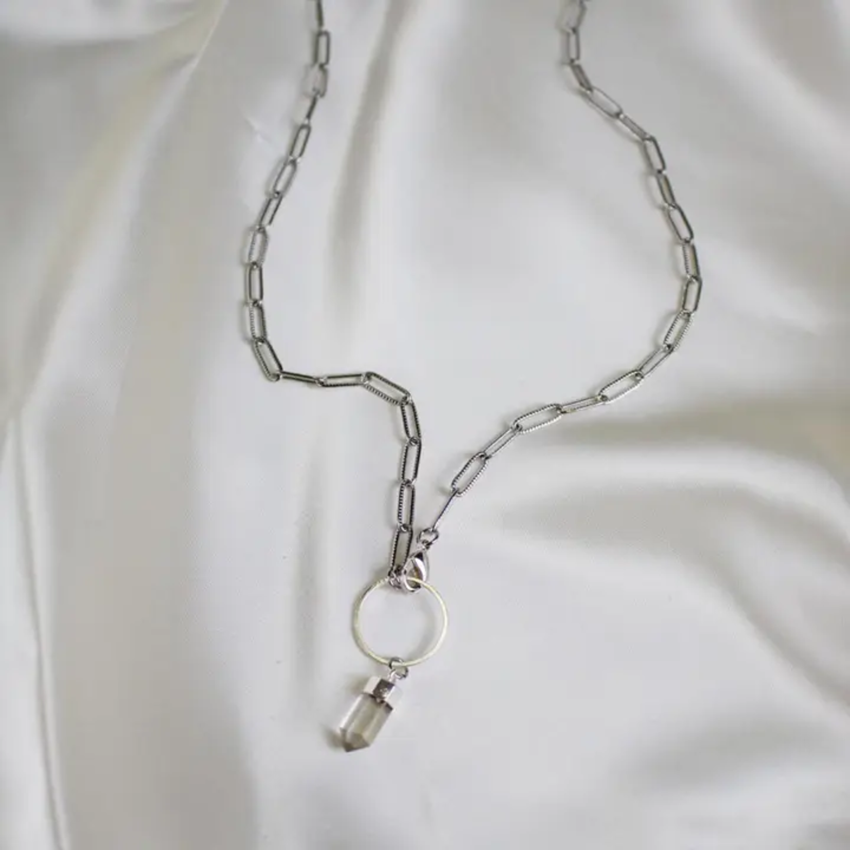 Silver Necklace w Clear Quartz Pendant - Adjustable