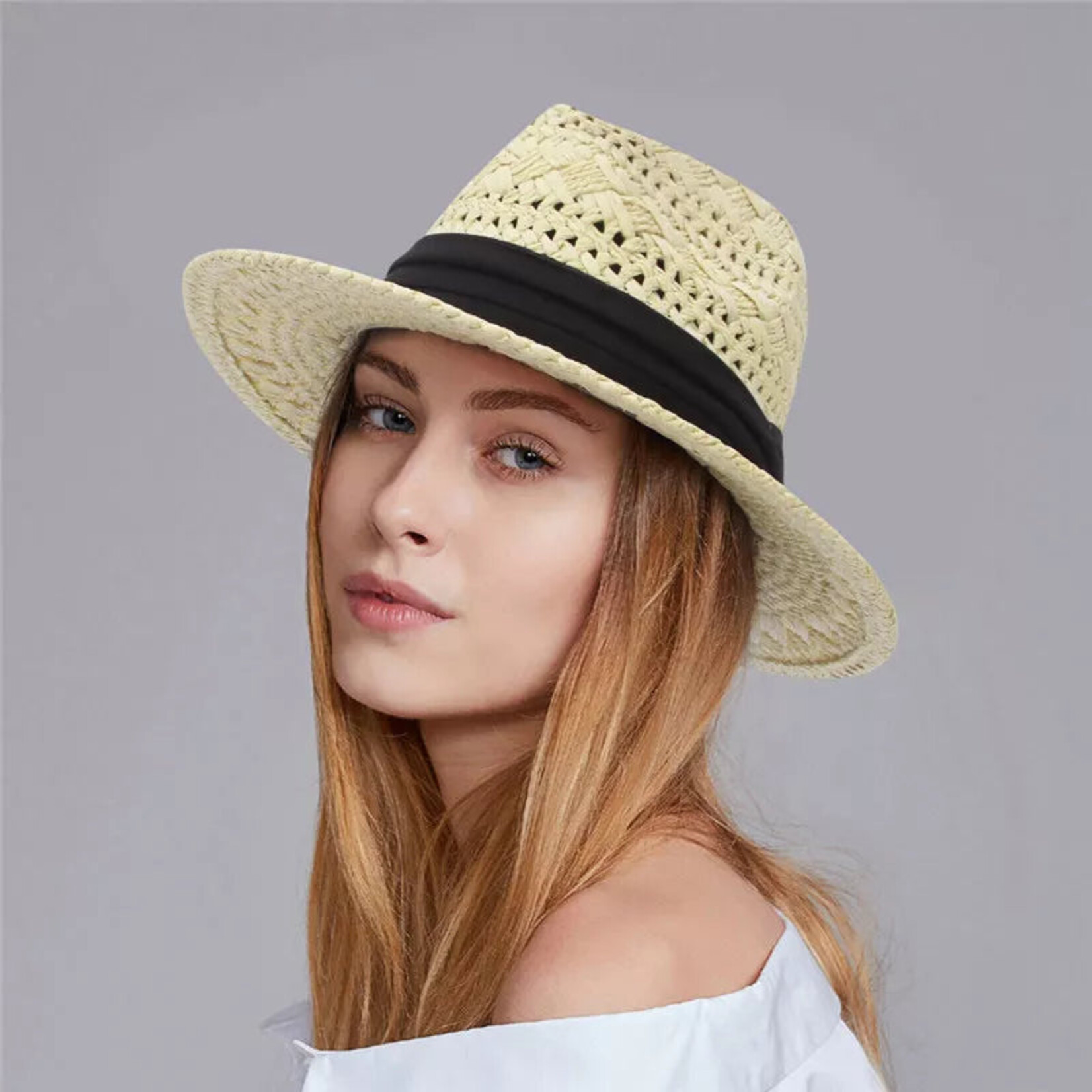 Wide Brim Open Weave Hat - Cream