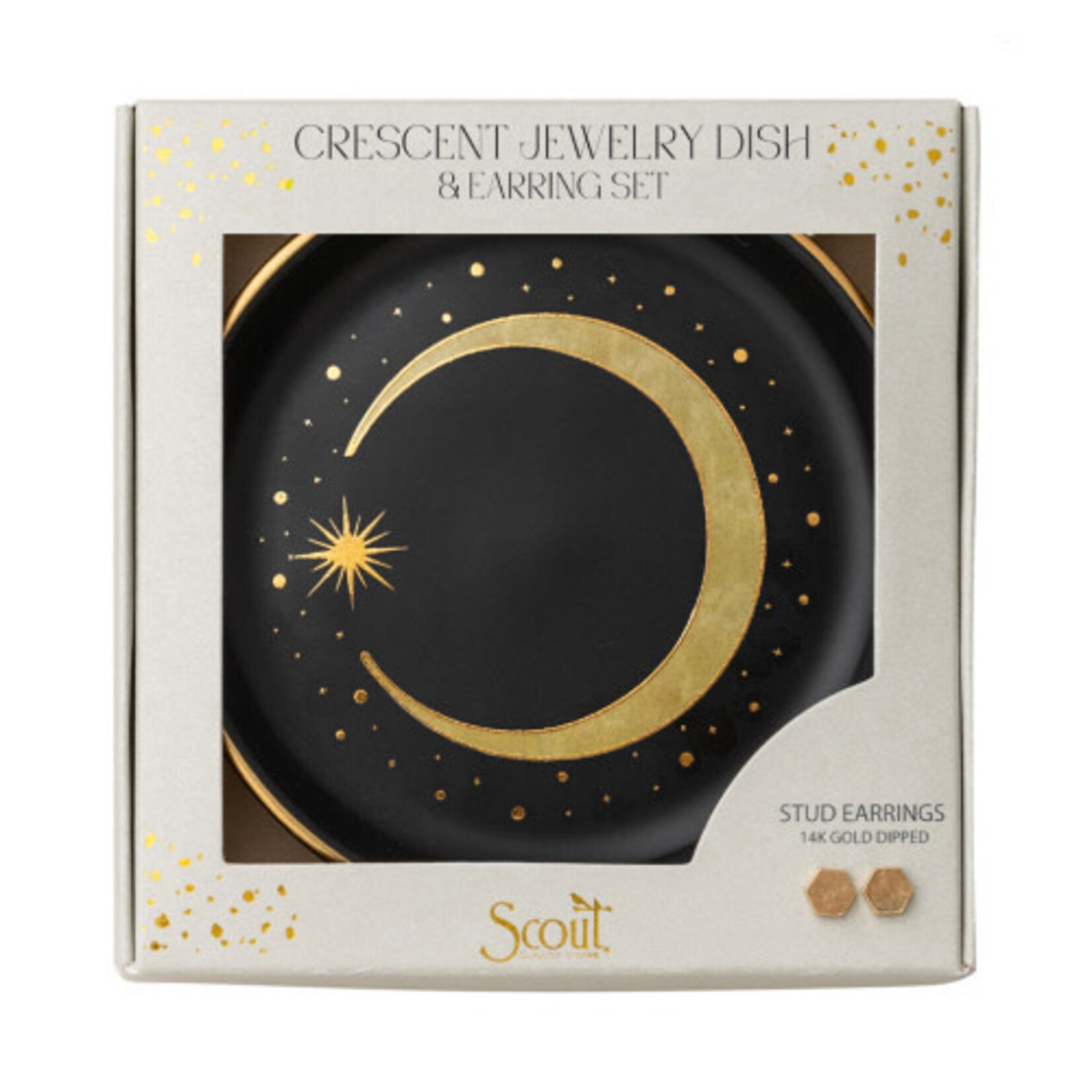Crescent Jewelry Dish & Gold Hexagon Earring Set