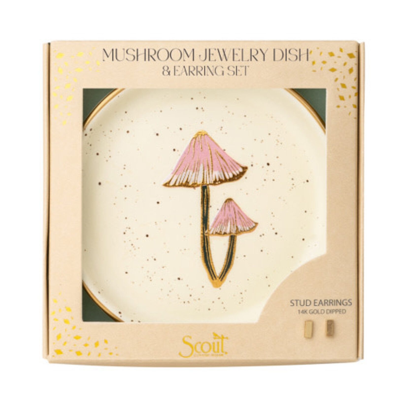 Mushroom Jewelry Dish & Gold Rectangle Earring Set
