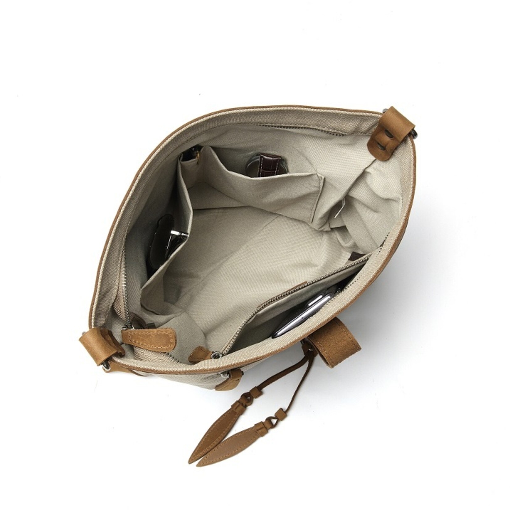 Canvas Shoulder Bag w Leather Strap - Green