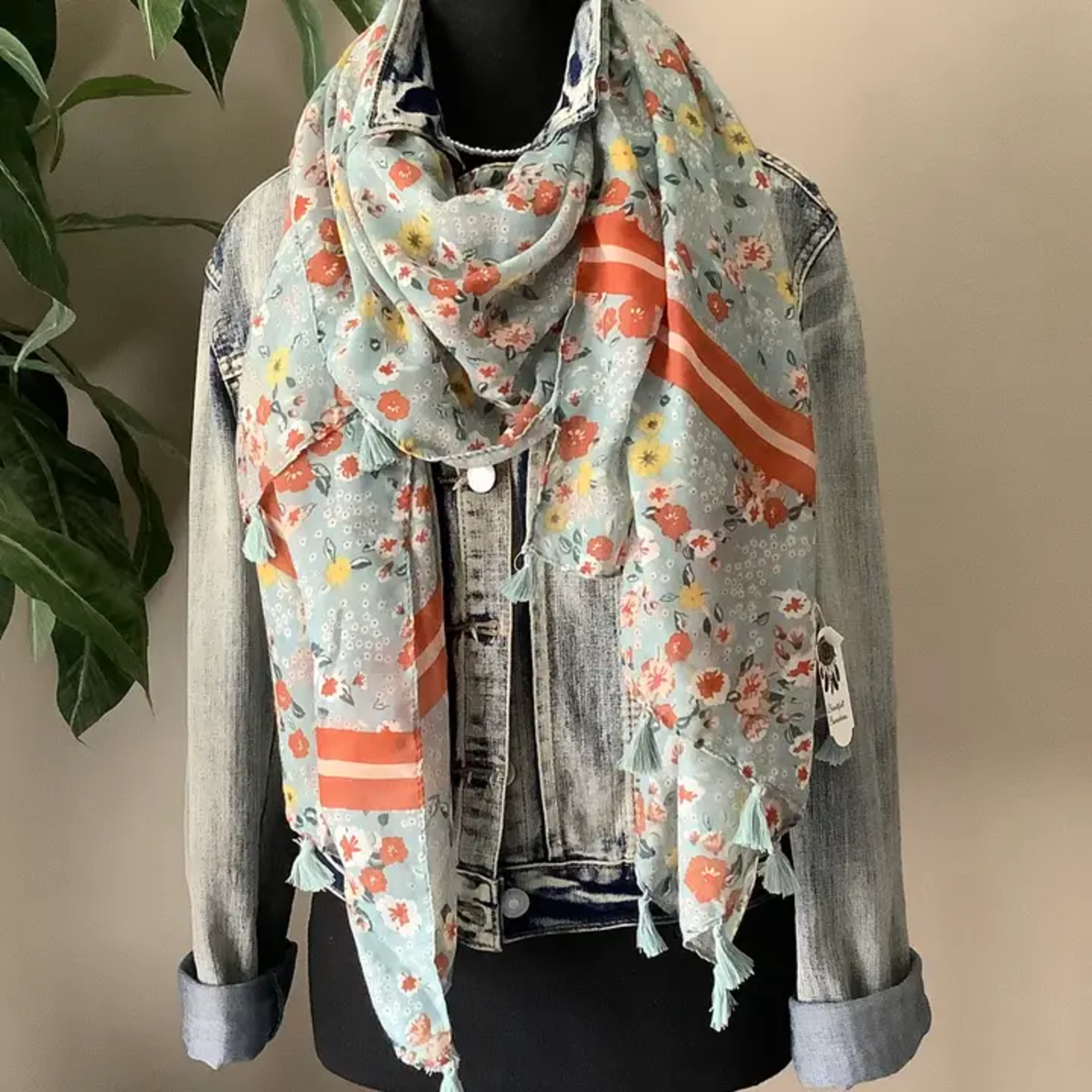 Lightweight Scarf - Retro Green & Rust Floral