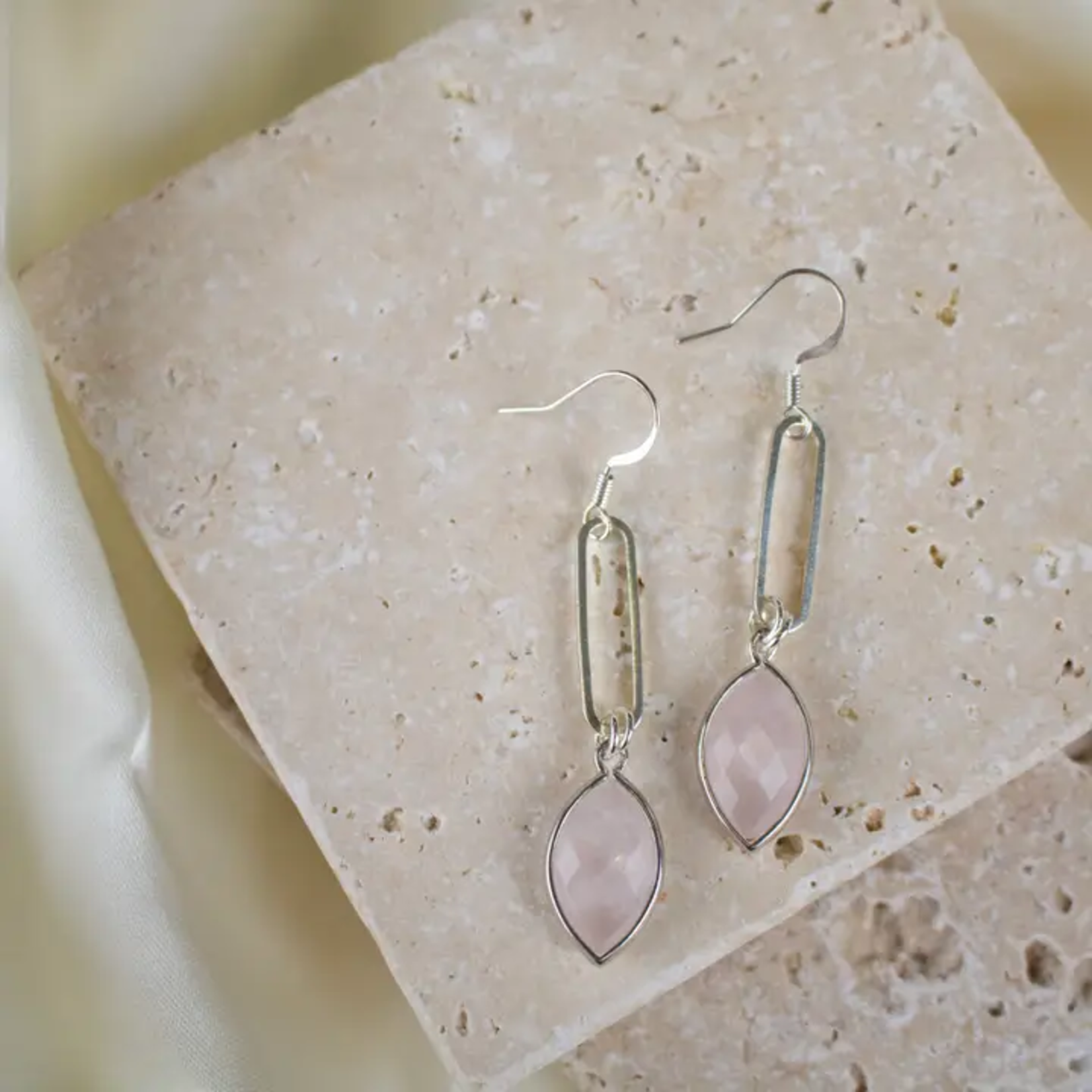 Earrings Silver Oval w Rose Quartz Marquise Drop
