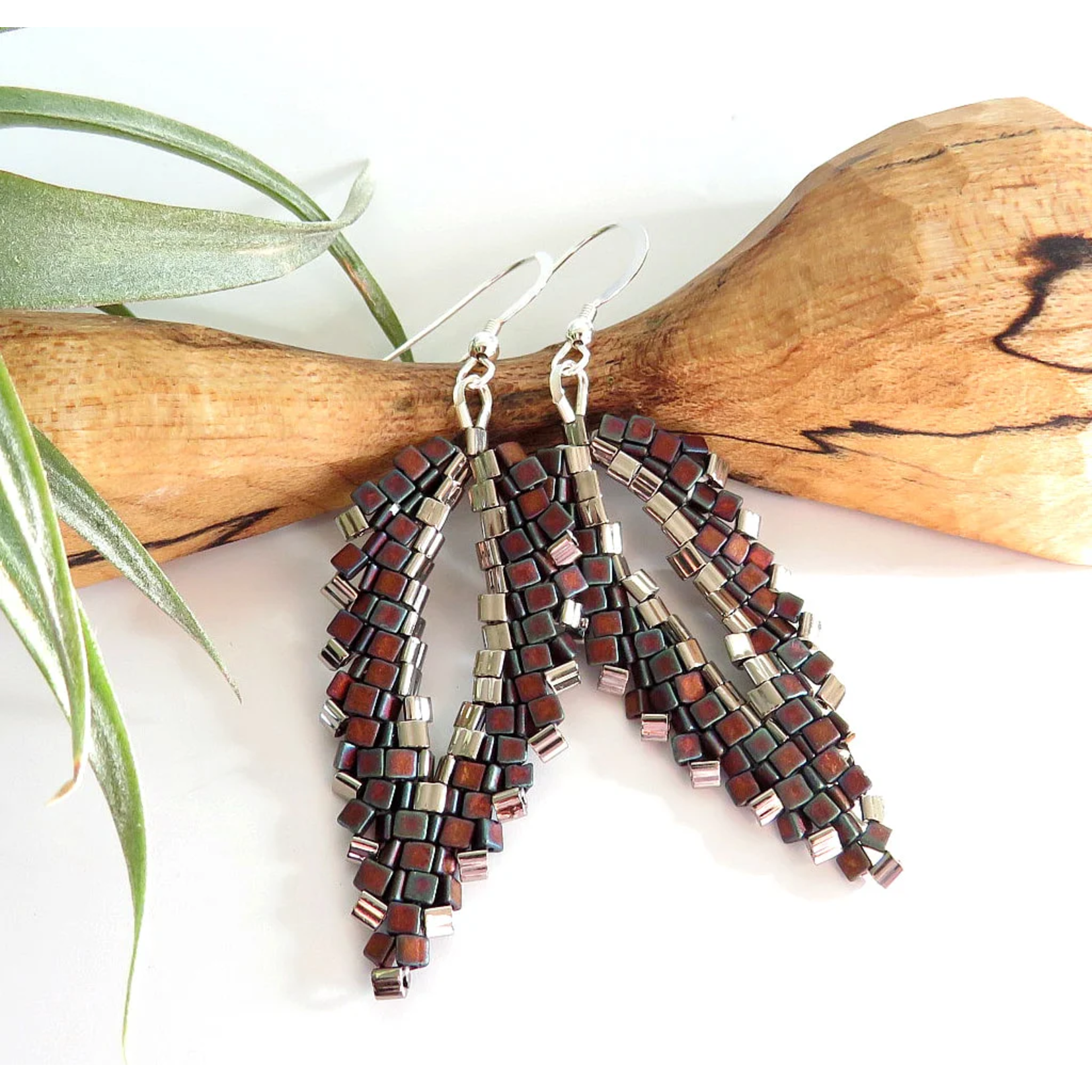 Sterling Silver Burgundy Beaded Leaf Earrings