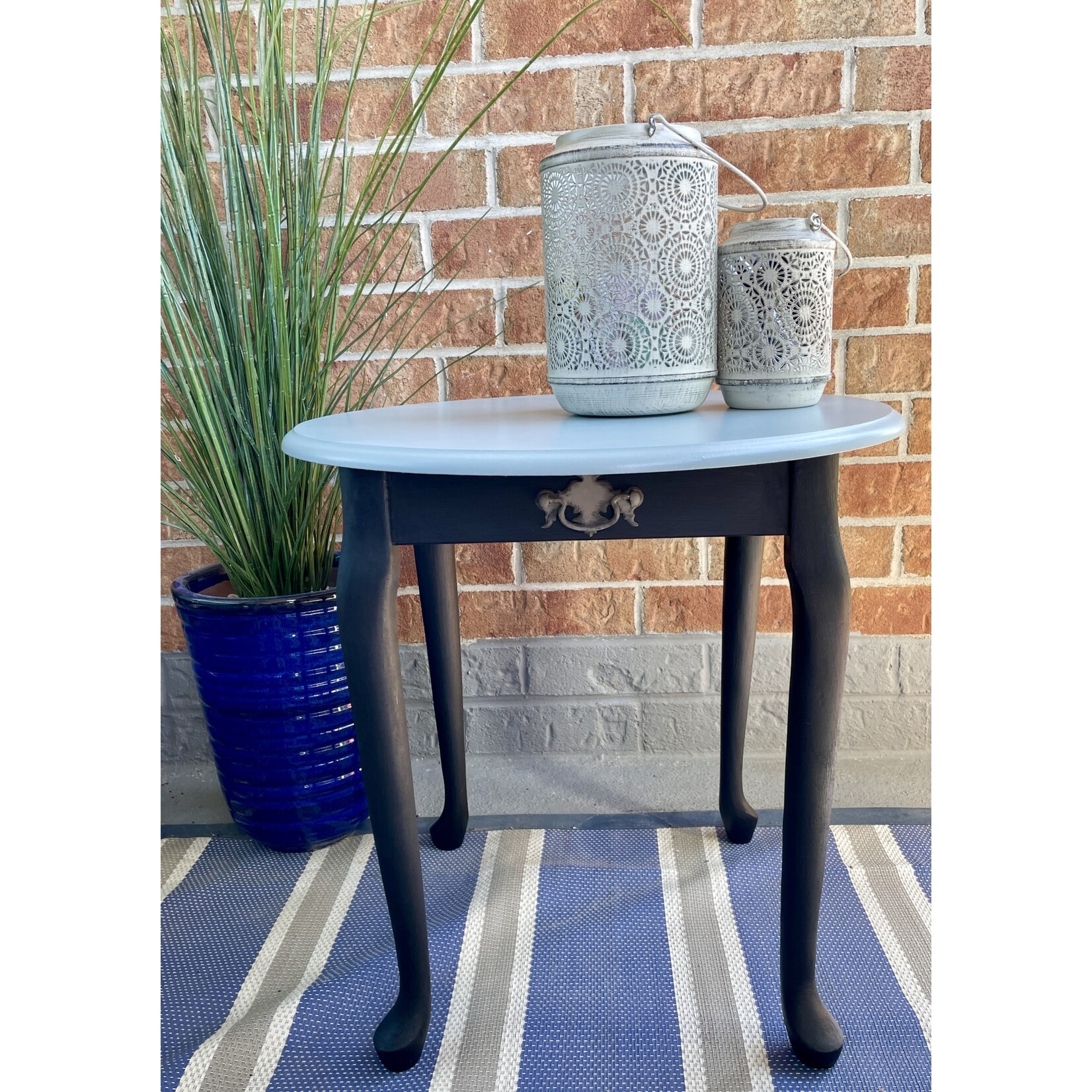 Refinished Black Side Table w Blue Top