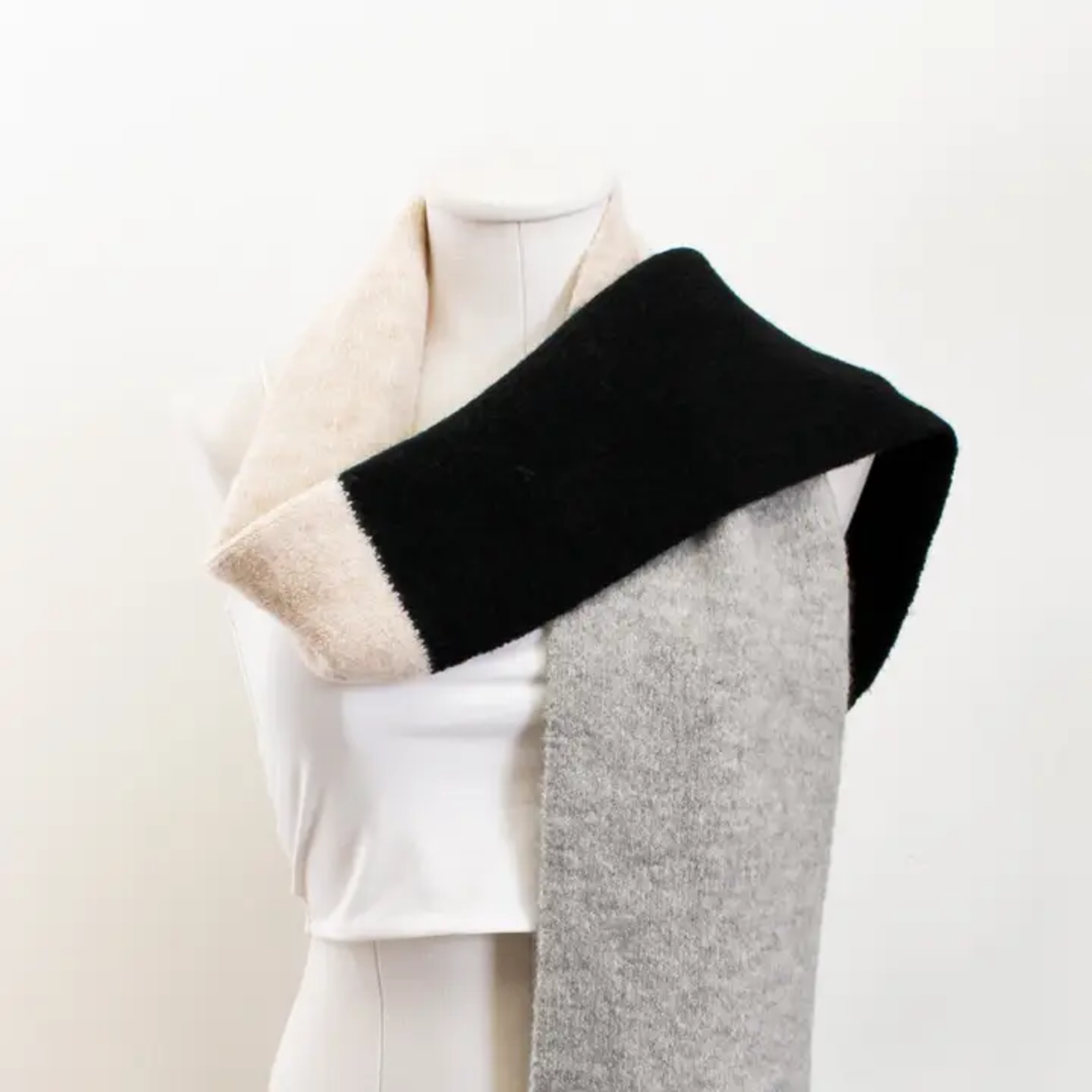 Colour Block Winter Scarf - Black, Grey & Ivory