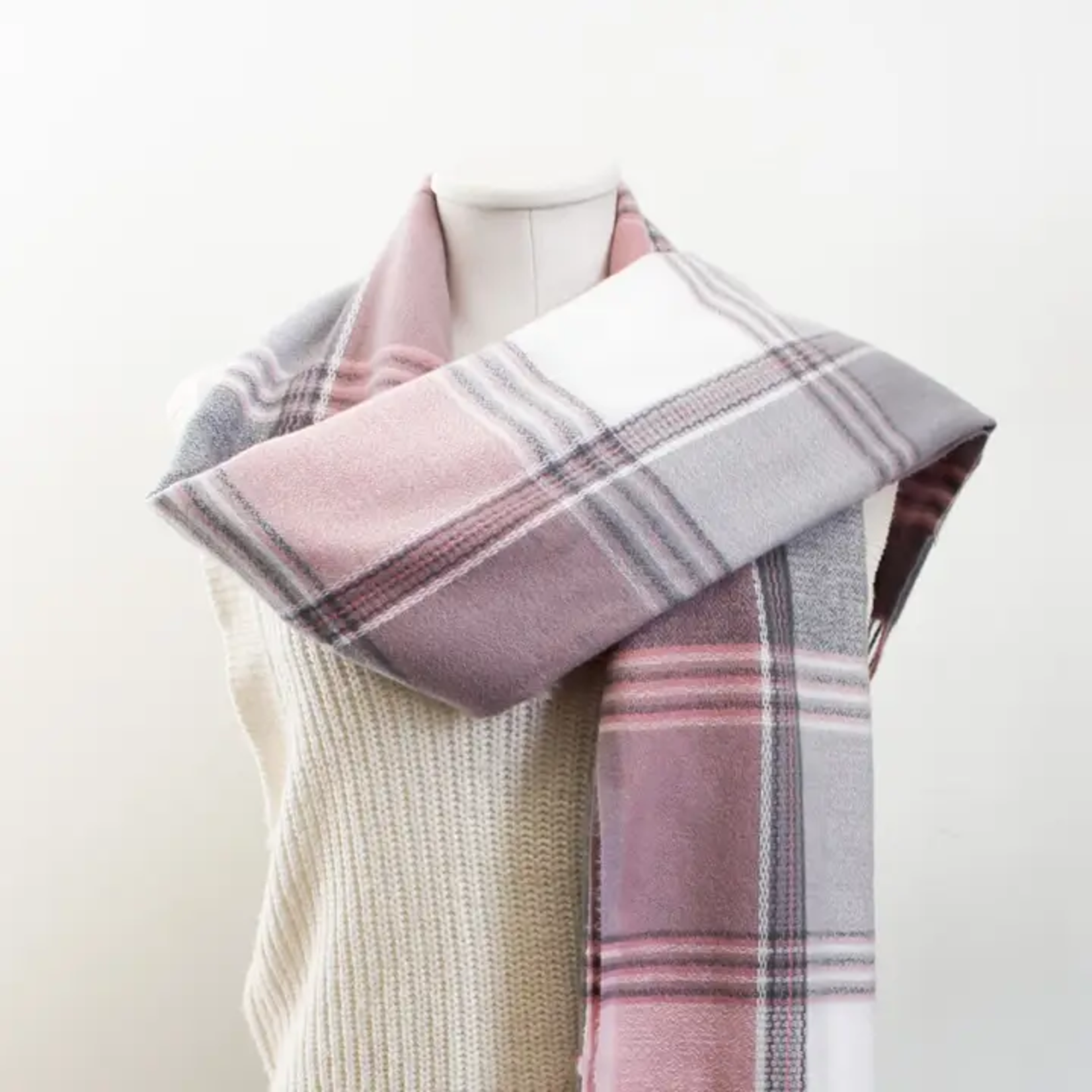 Pink, Grey, & White Plaid Winter Scarf