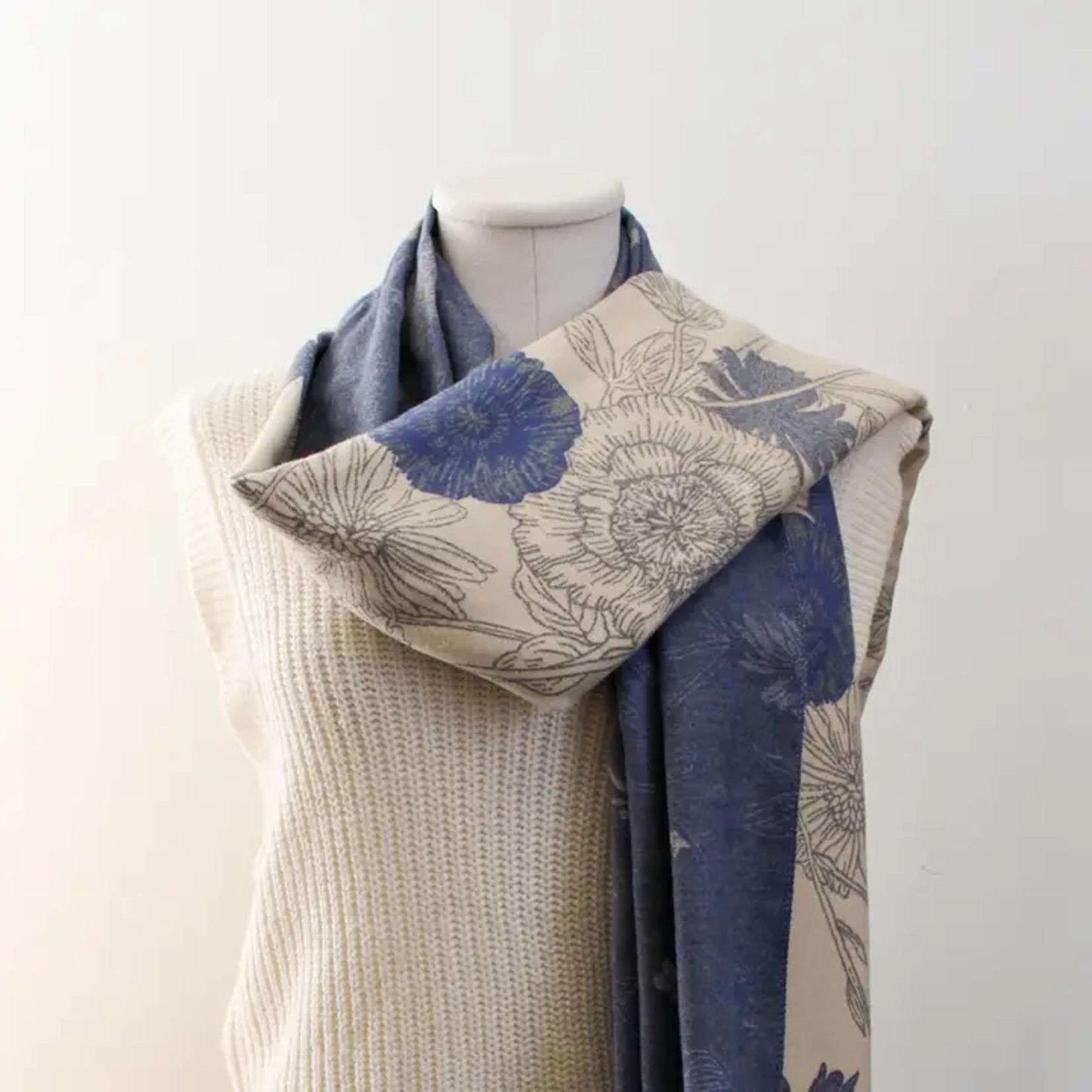 Blue & Ivory Double Sided Floral Winter Scarf