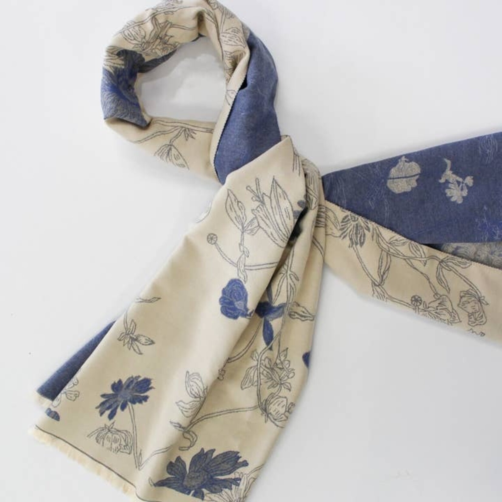 Blue & Ivory Double Sided Floral Winter Scarf