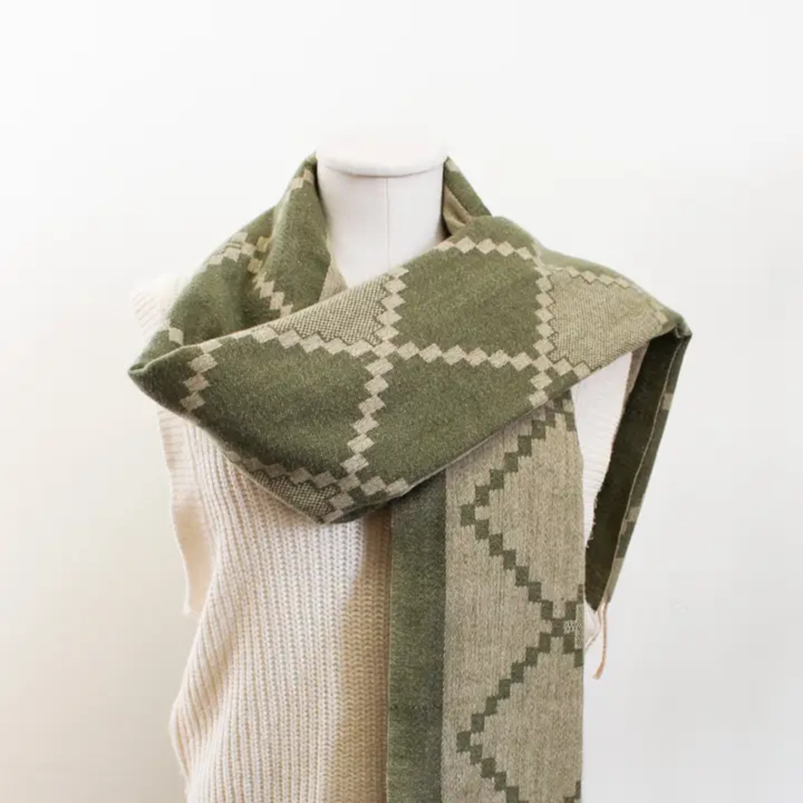 Green & Taupe Geometric Winter Scarf