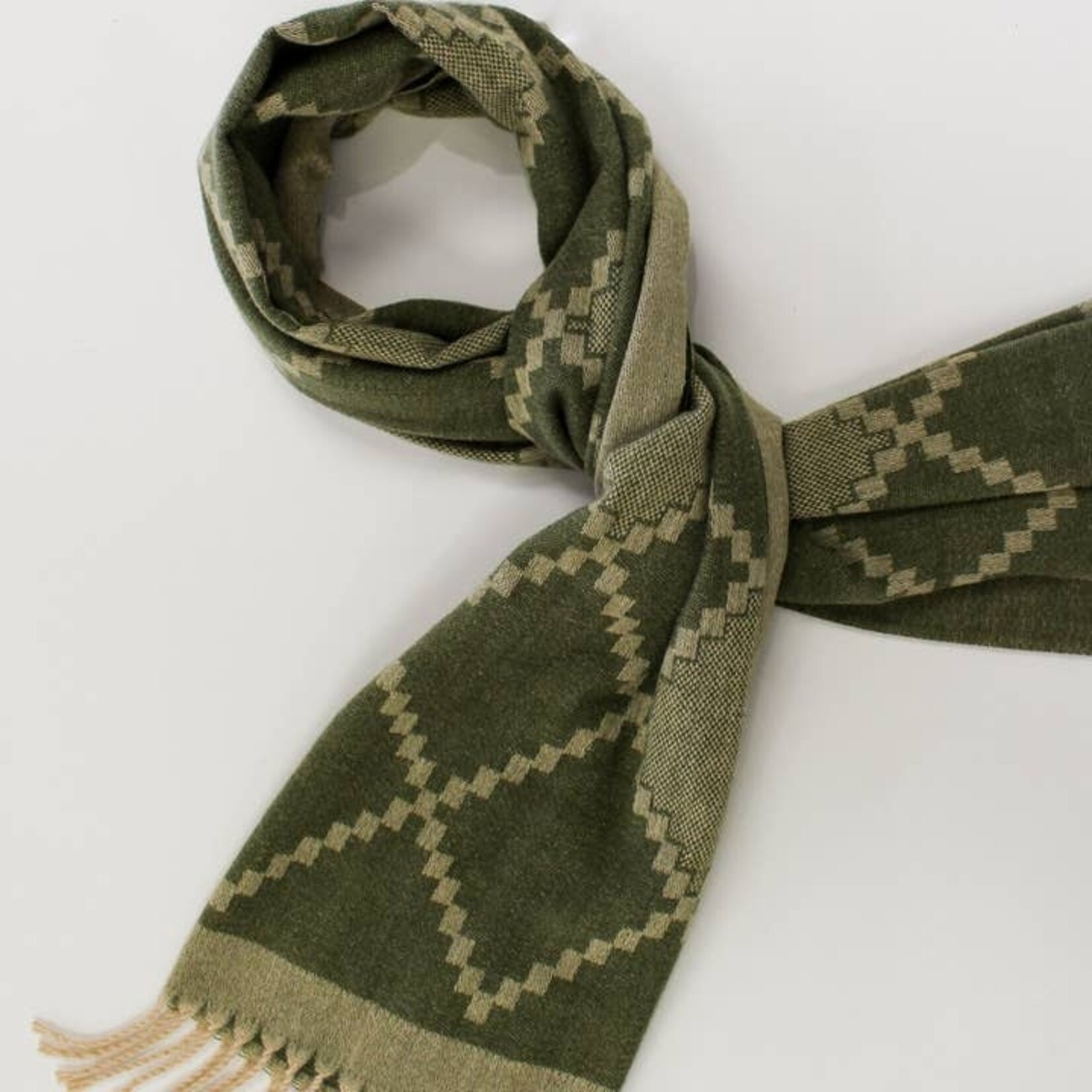 Green & Taupe Geometric Winter Scarf
