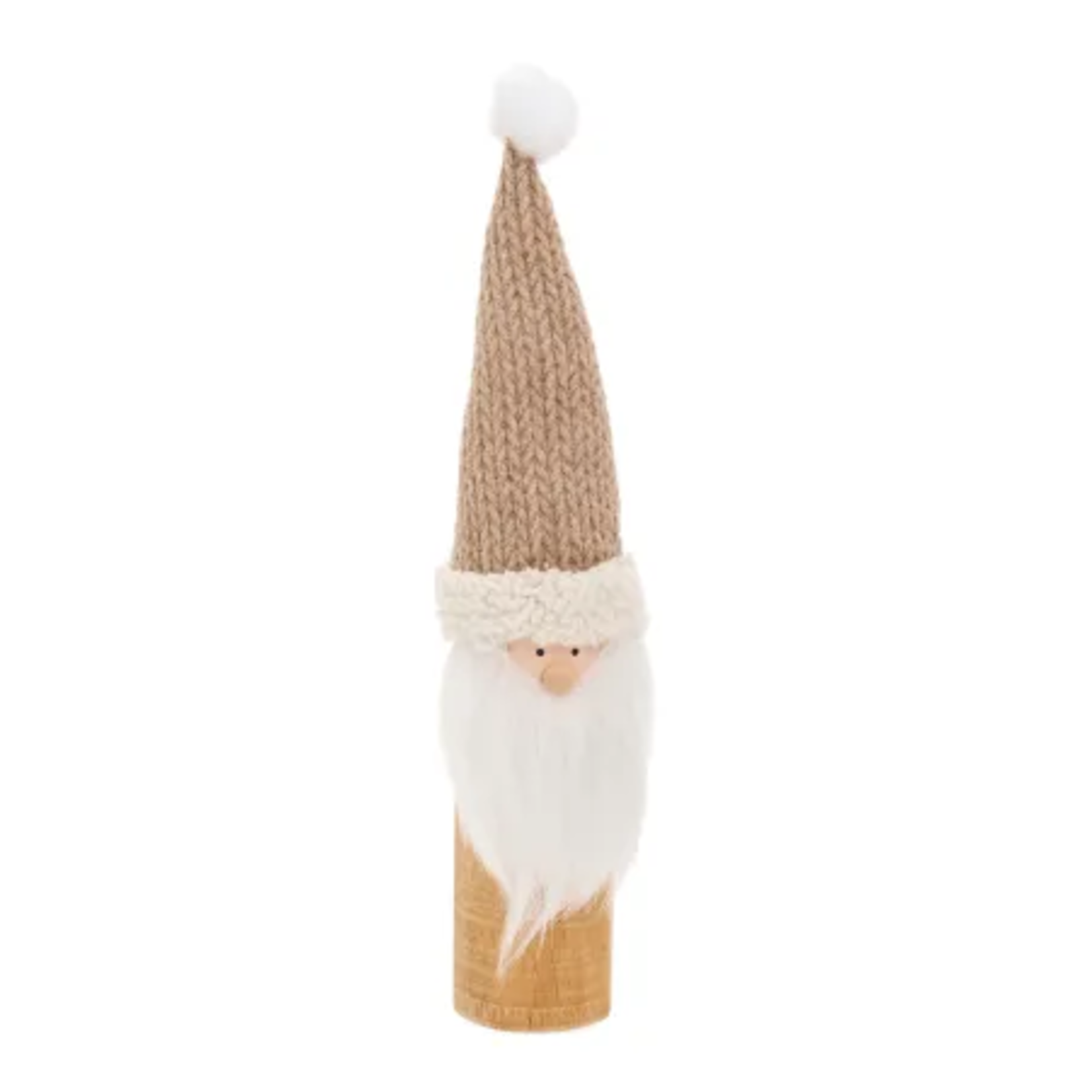 Natural Wood Santa w Beige Knit Hat
