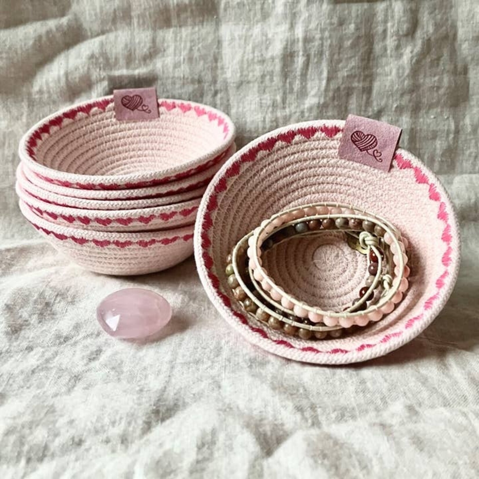Small Pink Trinket Rope Bowl w Heart Stitching
